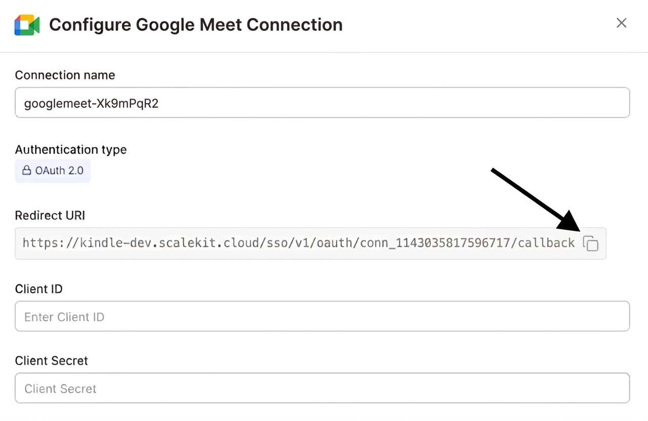 Copy redirect URI from Scalekit dashboard