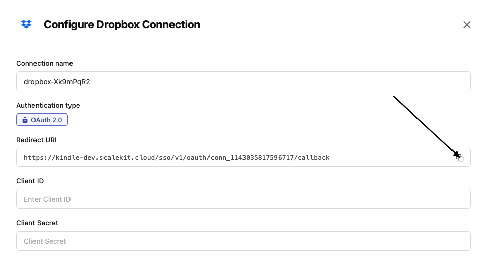 Copy redirect URI from Scalekit dashboard