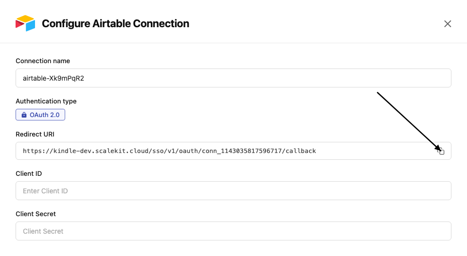 Copy redirect URI from Scalekit dashboard