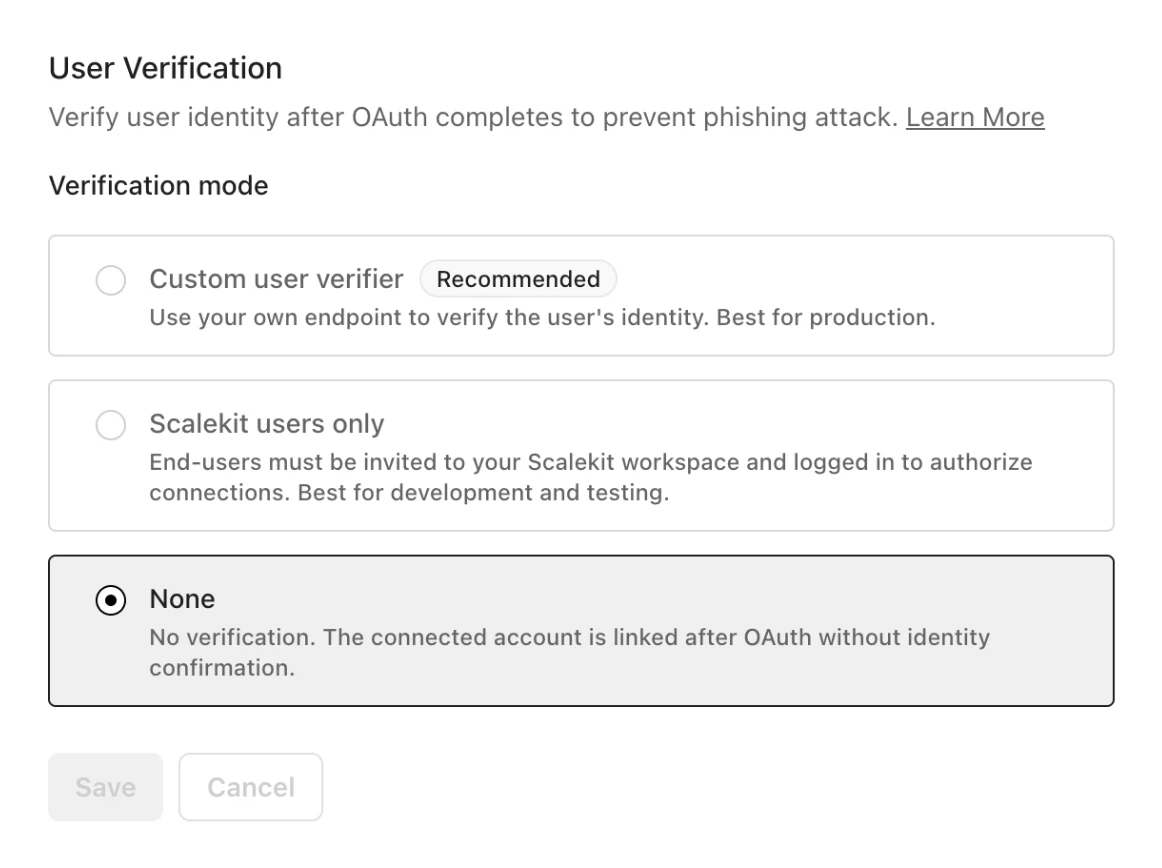 User Verification settings in the Scalekit dashboard, with the Custom user verifier, Scalekit users only and None modes
