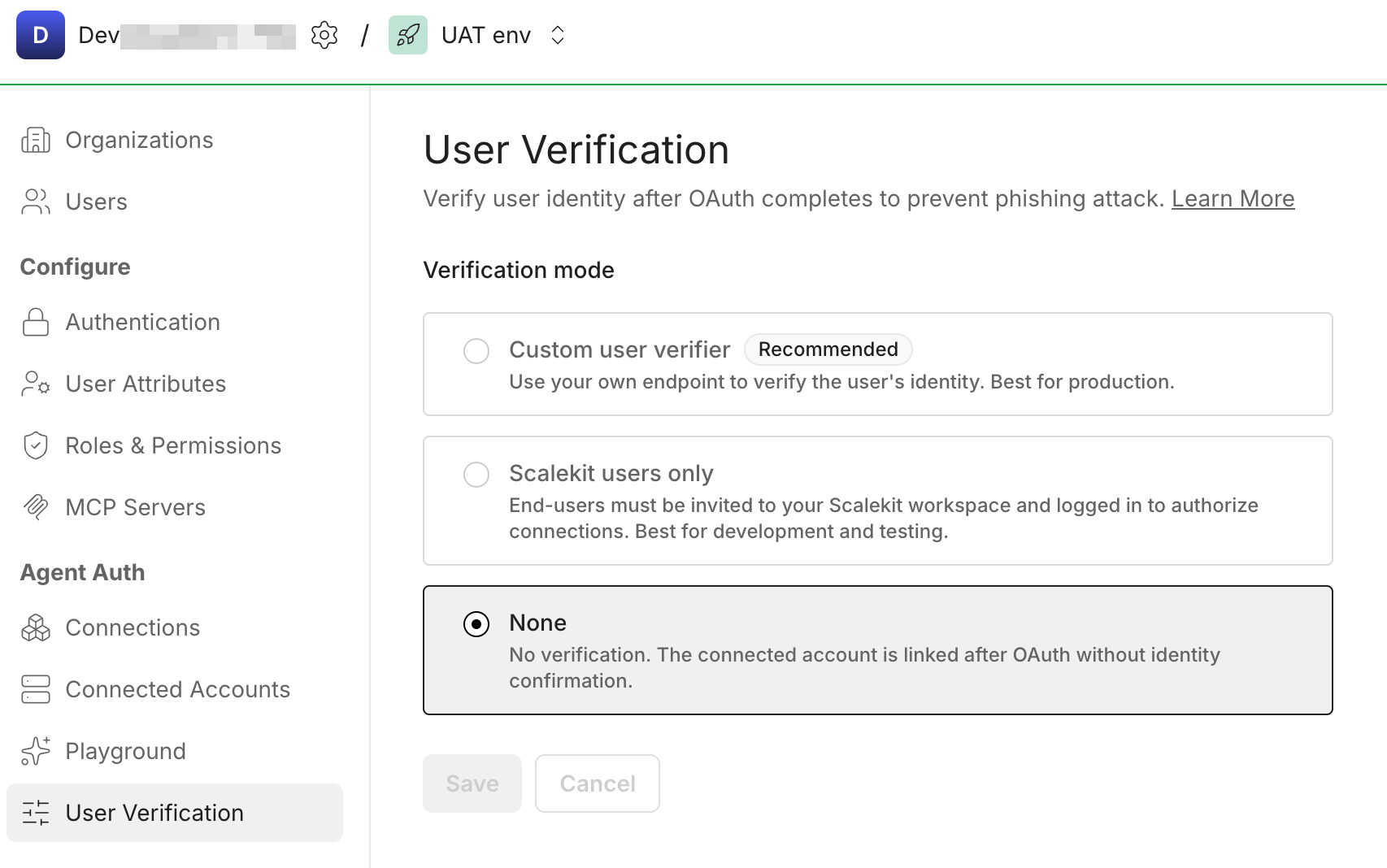 Agent Actions User Verification showing Custom user verifier and Scalekit users only