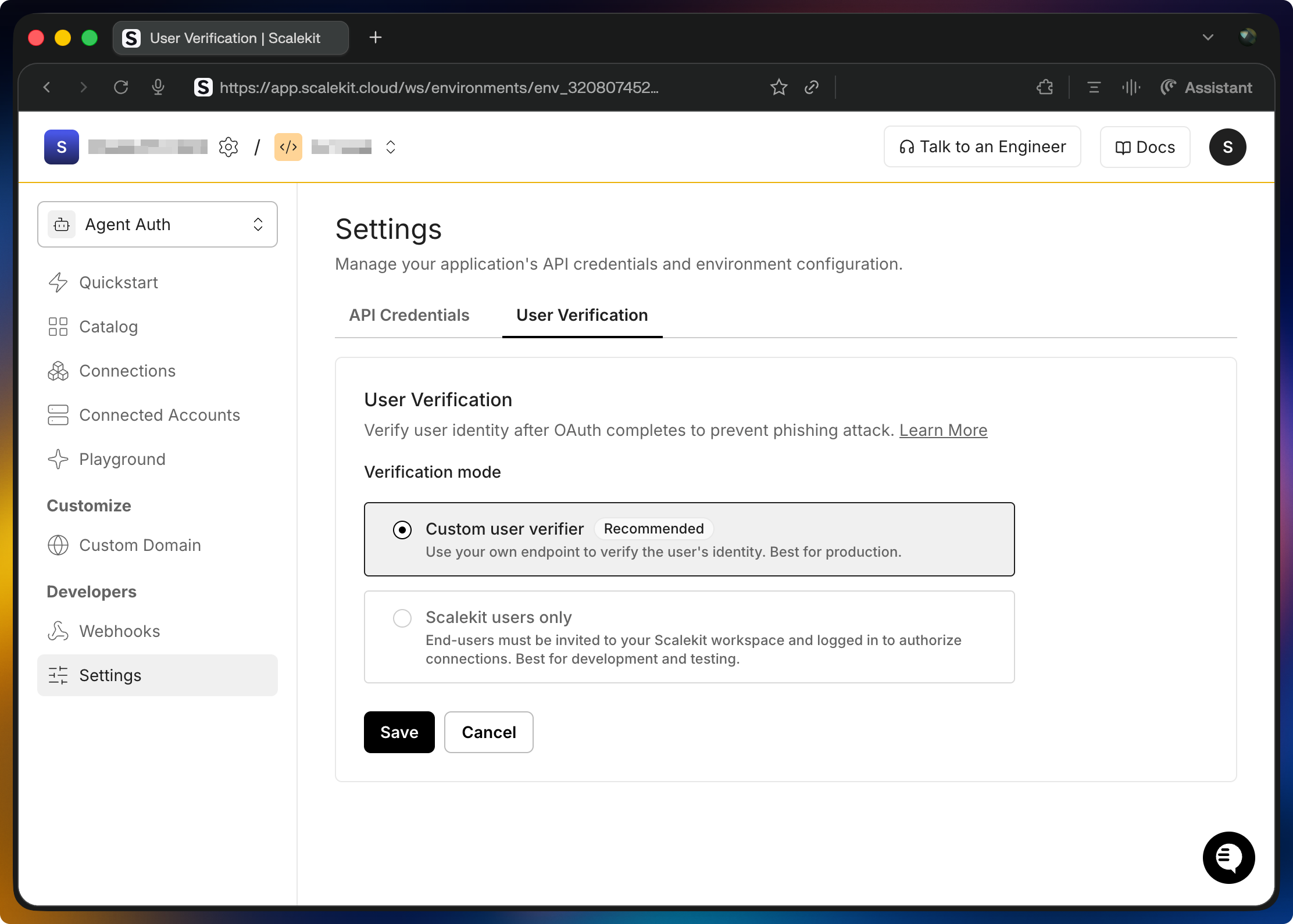 AgentKit User Verification showing Custom user verifier and Scalekit users only