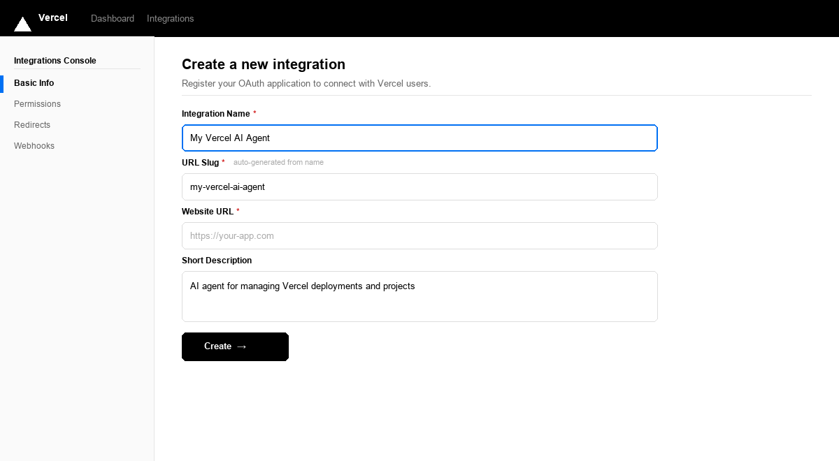 Create a new OAuth integration in the Vercel Integrations Console