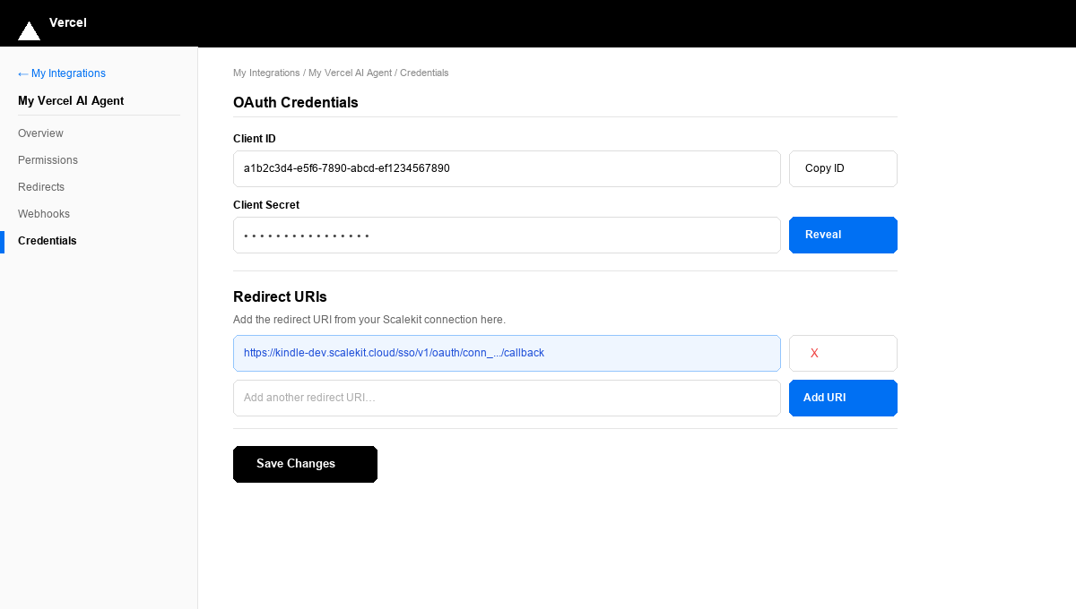 Vercel integration Credentials tab showing Client ID, Client Secret, and Redirect URIs
