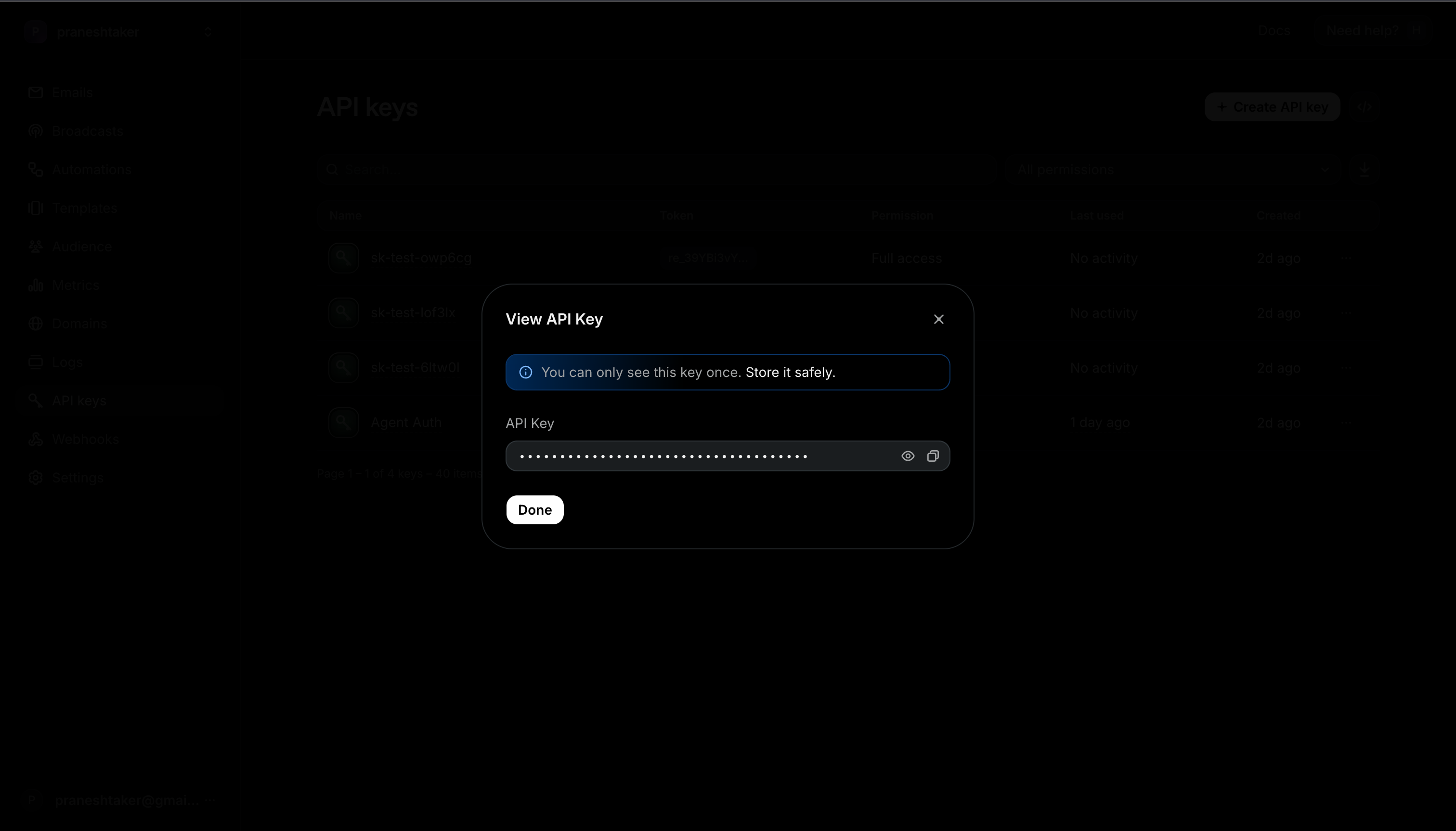 Resend View API Key dialog with the key masked and a one-time-view warning