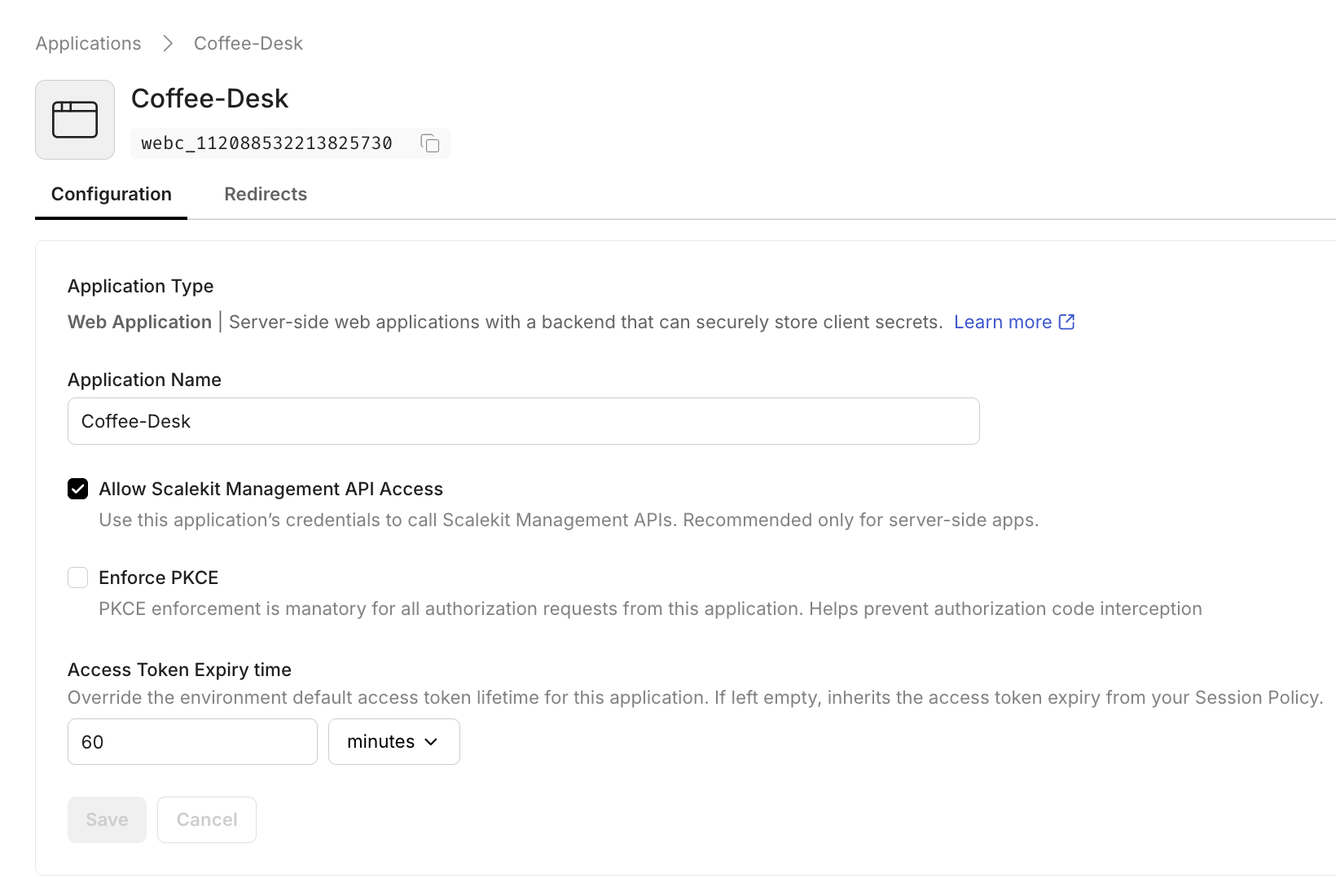 Application details page with configuration options