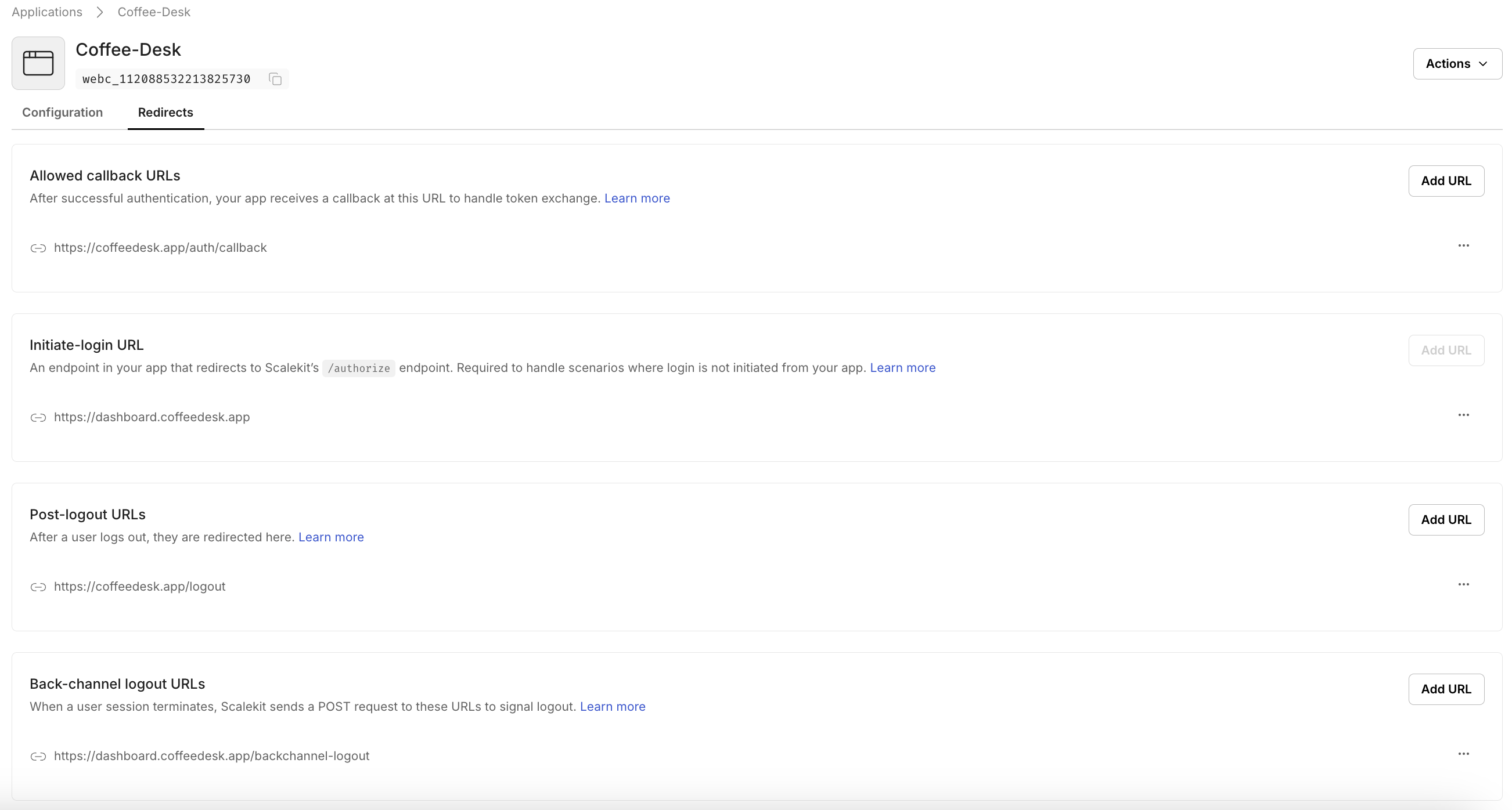 Redirect URLs configuration tab with URL types