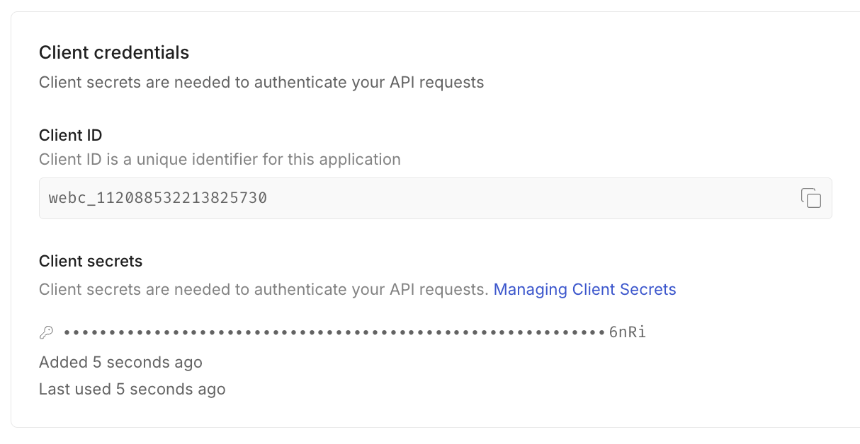Client credentials section showing Client ID and secret management