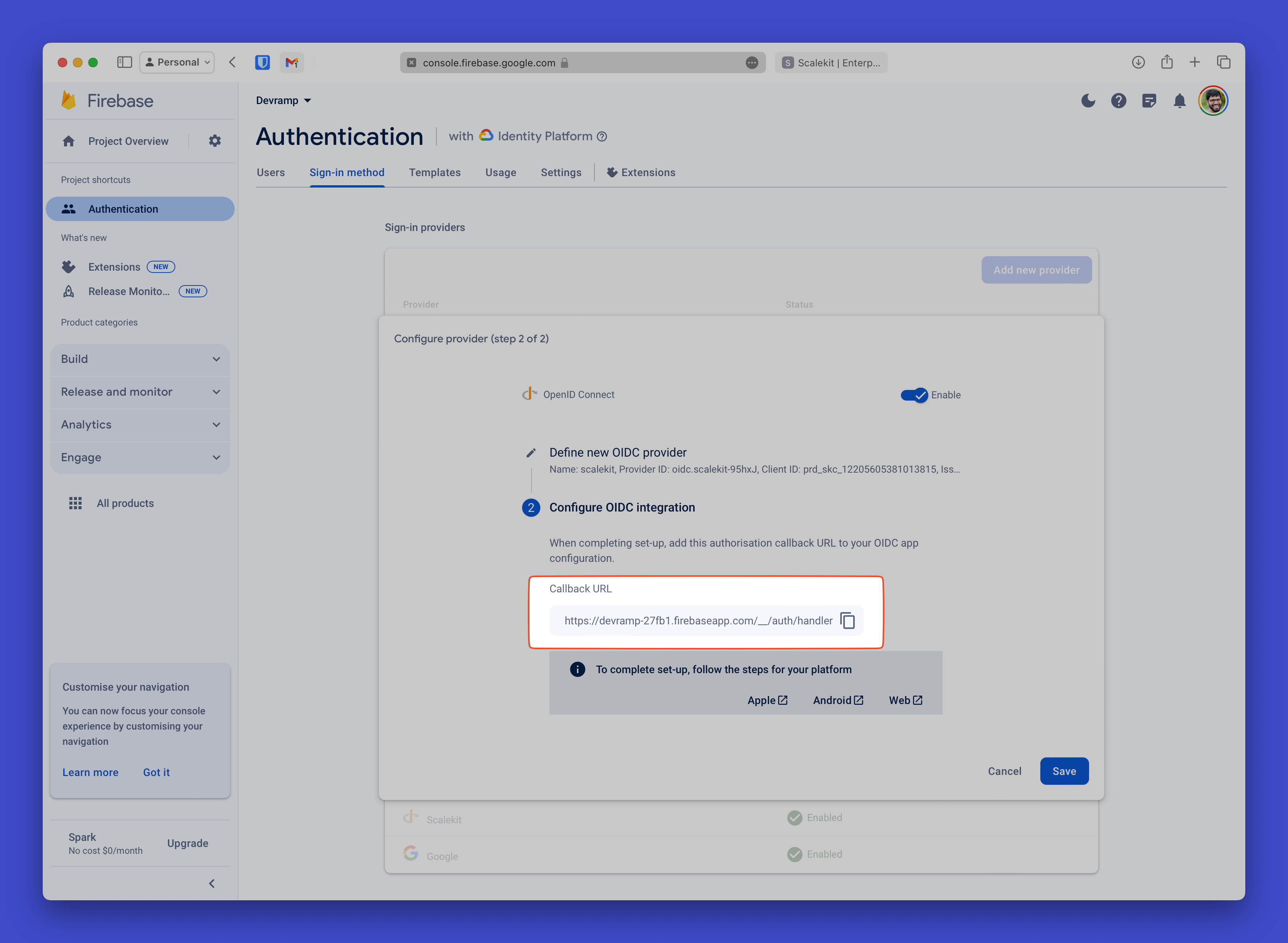 In your Firebase project, copy the Callback URL under "Configure OIDC Integration