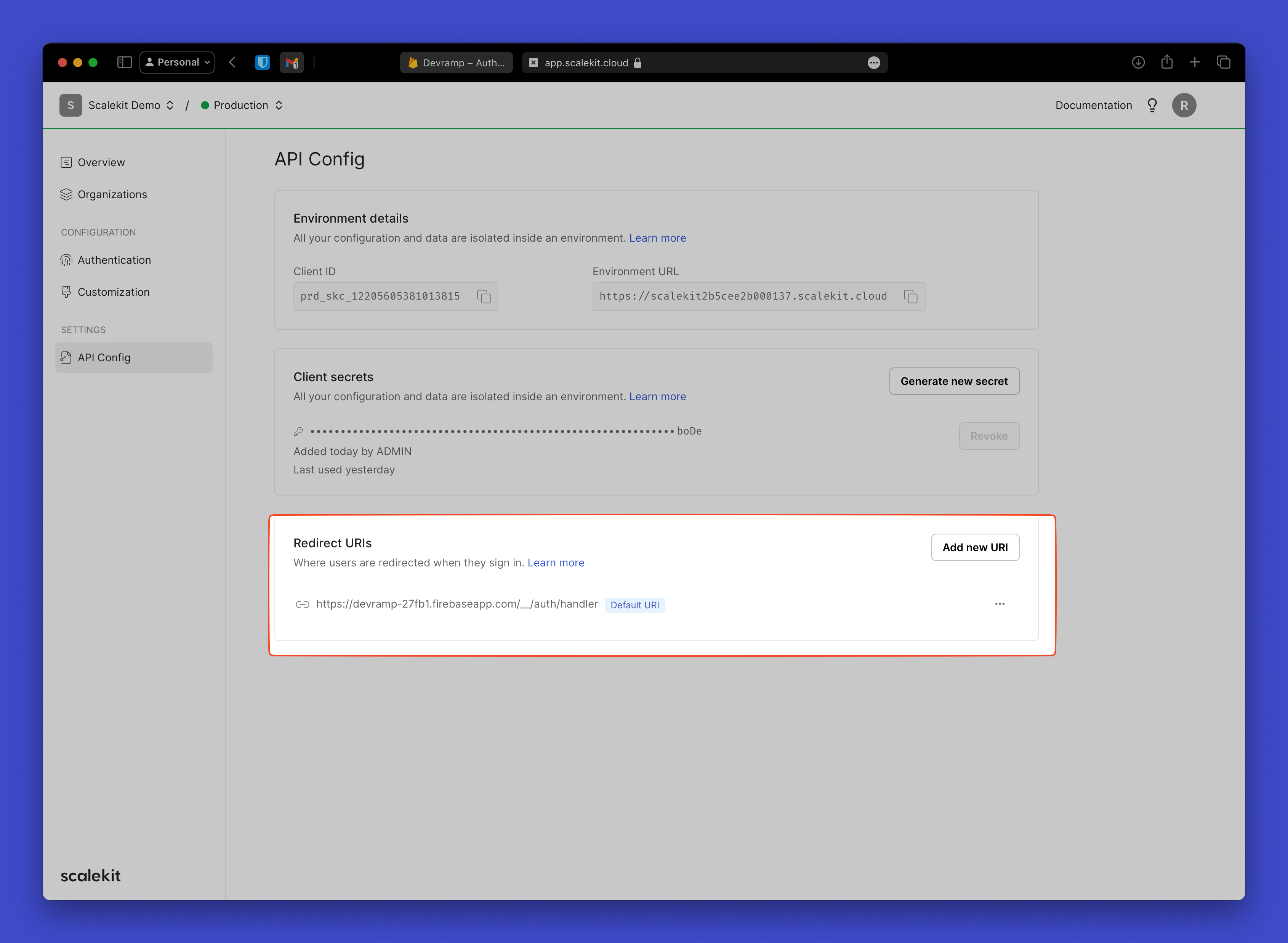 Add this URL as a new Redirect URI in your Scalekit API Config