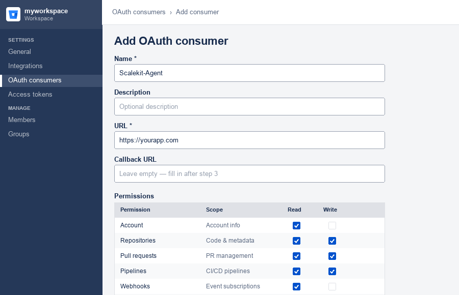 Bitbucket Add OAuth consumer form
