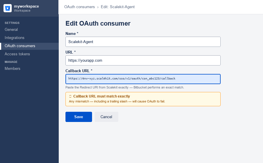 Bitbucket Edit OAuth consumer with Scalekit callback URL added to the Callback URL field