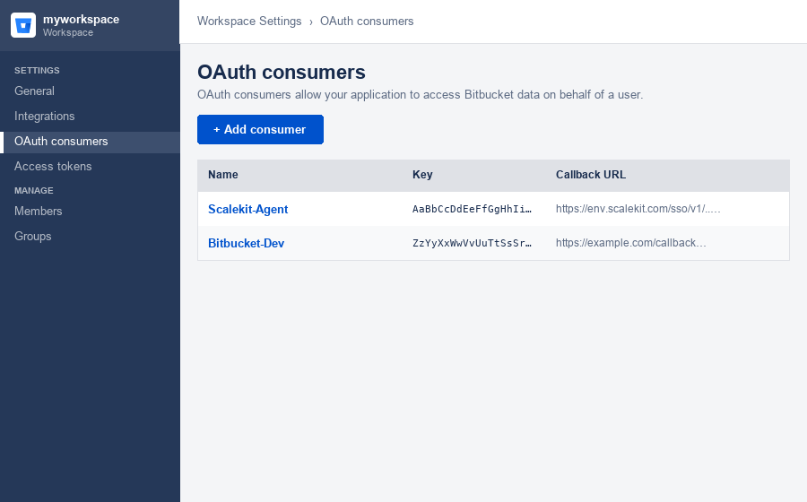 Bitbucket workspace settings showing OAuth consumers page