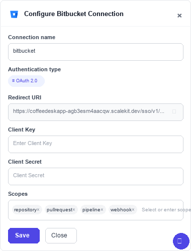 Scalekit Configure Bitbucket Connection panel showing Redirect URI, Client Key, and Client Secret fields