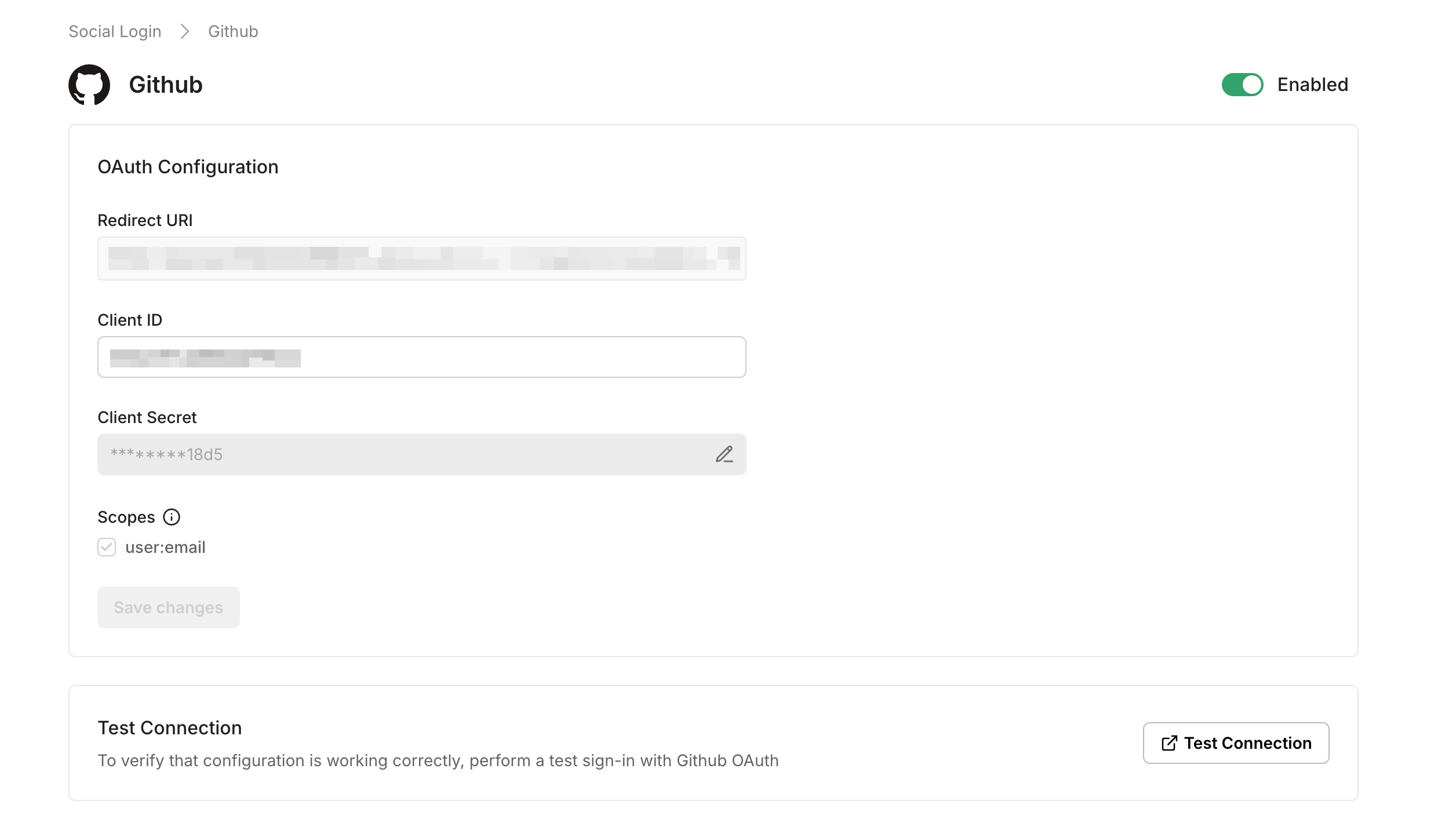 GitHub OAuth configuration for social login, showing redirect URI, client ID, and scopes for
authentication.