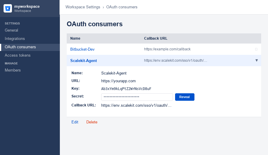 Bitbucket OAuth consumer expanded showing Key and Secret with Reveal button