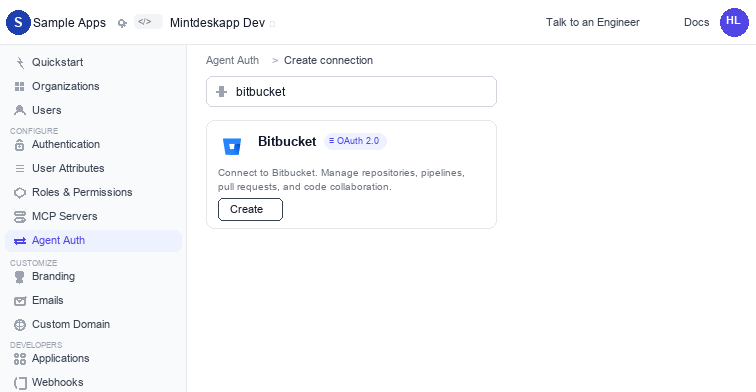 Searching for Bitbucket in the Scalekit Create Connection panel