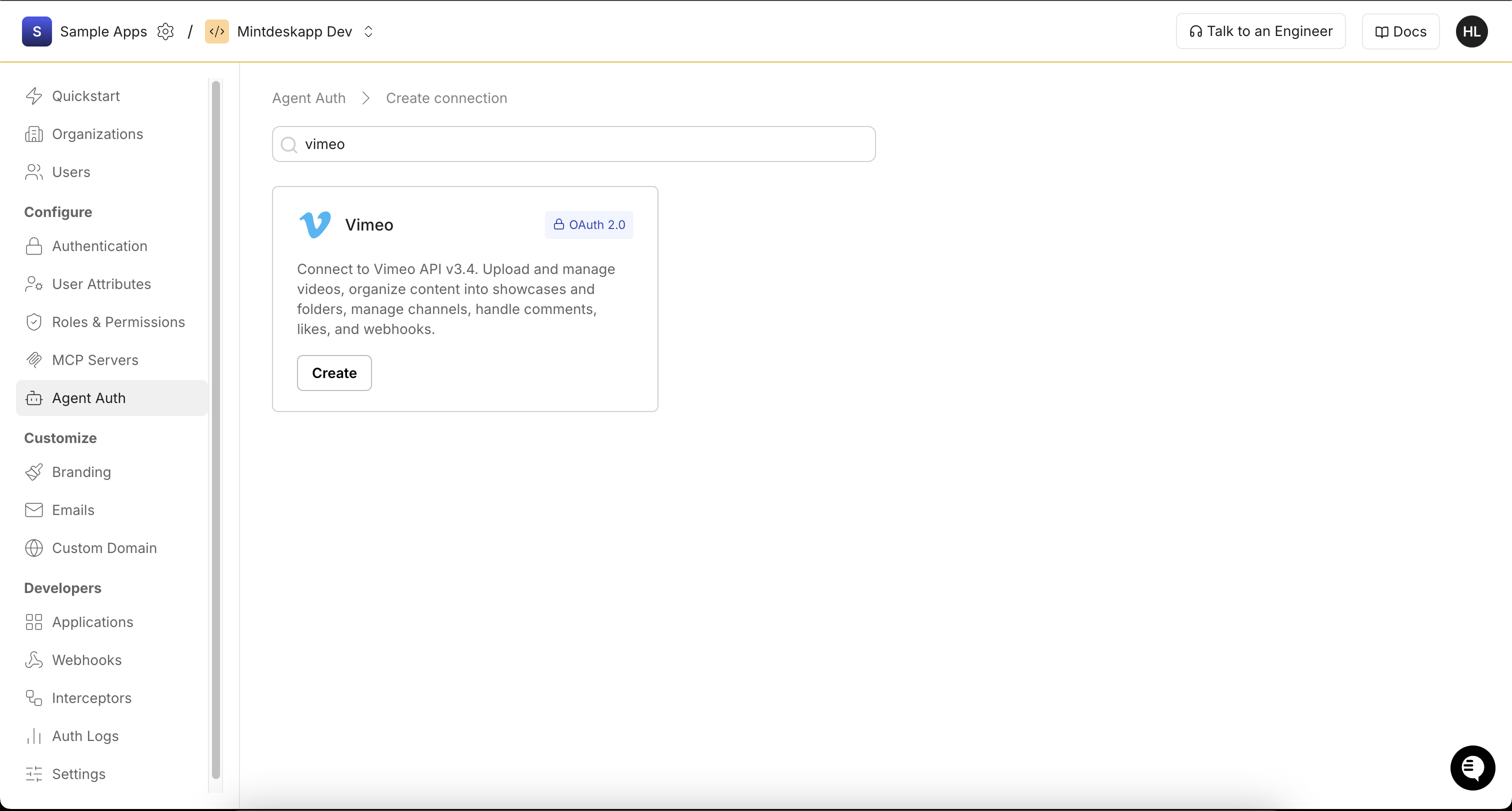 Searching for Vimeo in Scalekit Create Connection