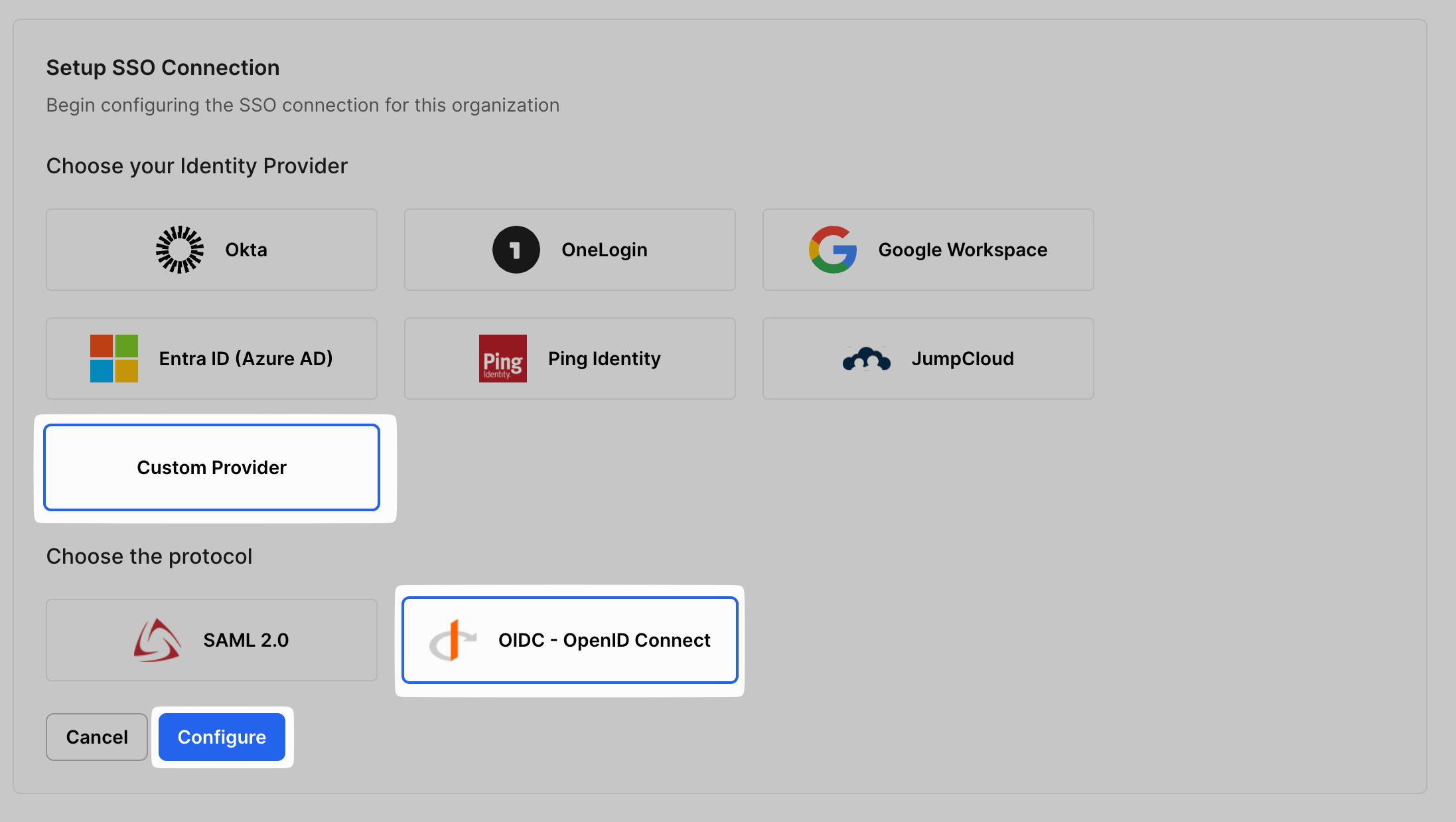 Select Custom Provider→OIDC and then
Configure