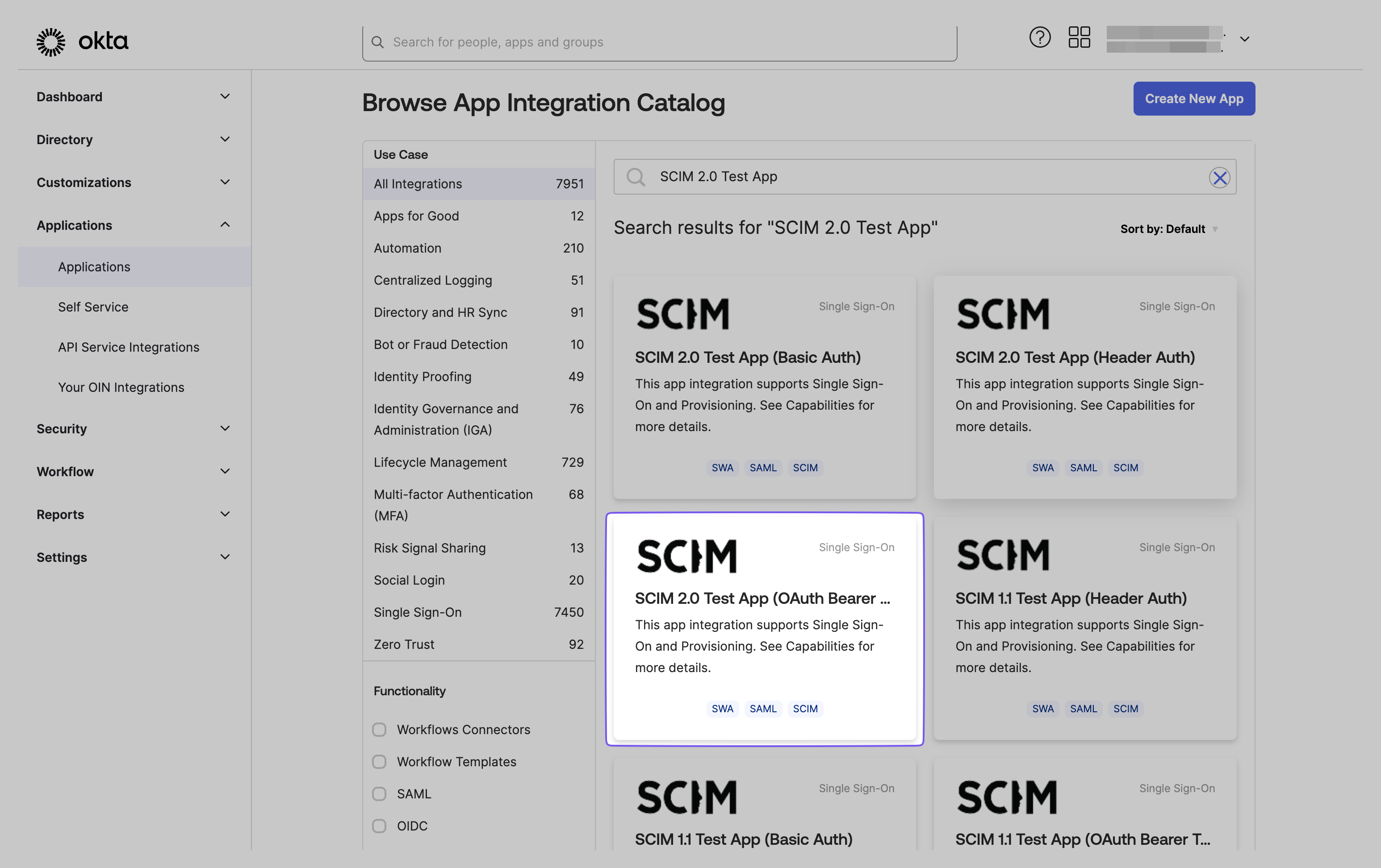 Okta app catalog: SCIM 2.0 Test App integration options displayed.