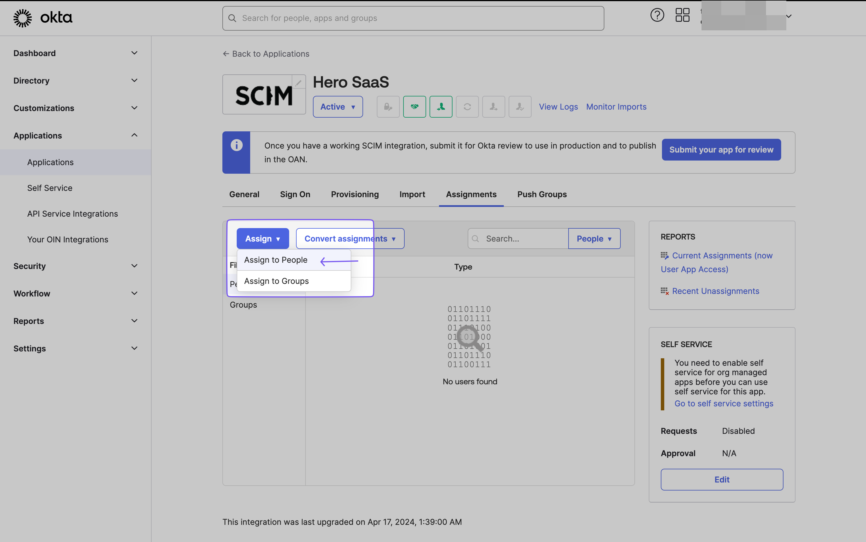 Assigning users to Hero SaaS in Okta: Options to assign to individuals or groups