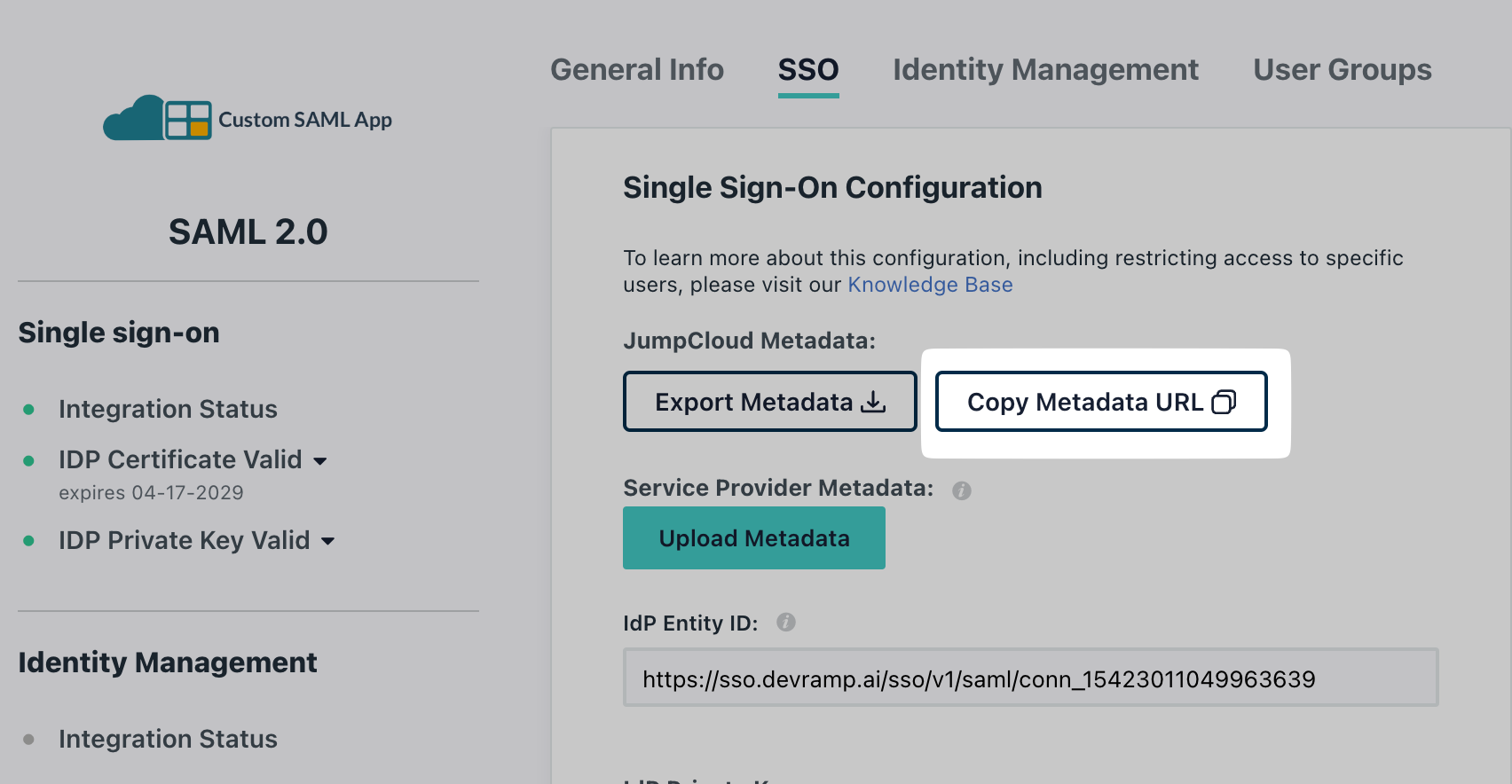 Copy Metadata URL from your JumpCloud portal
