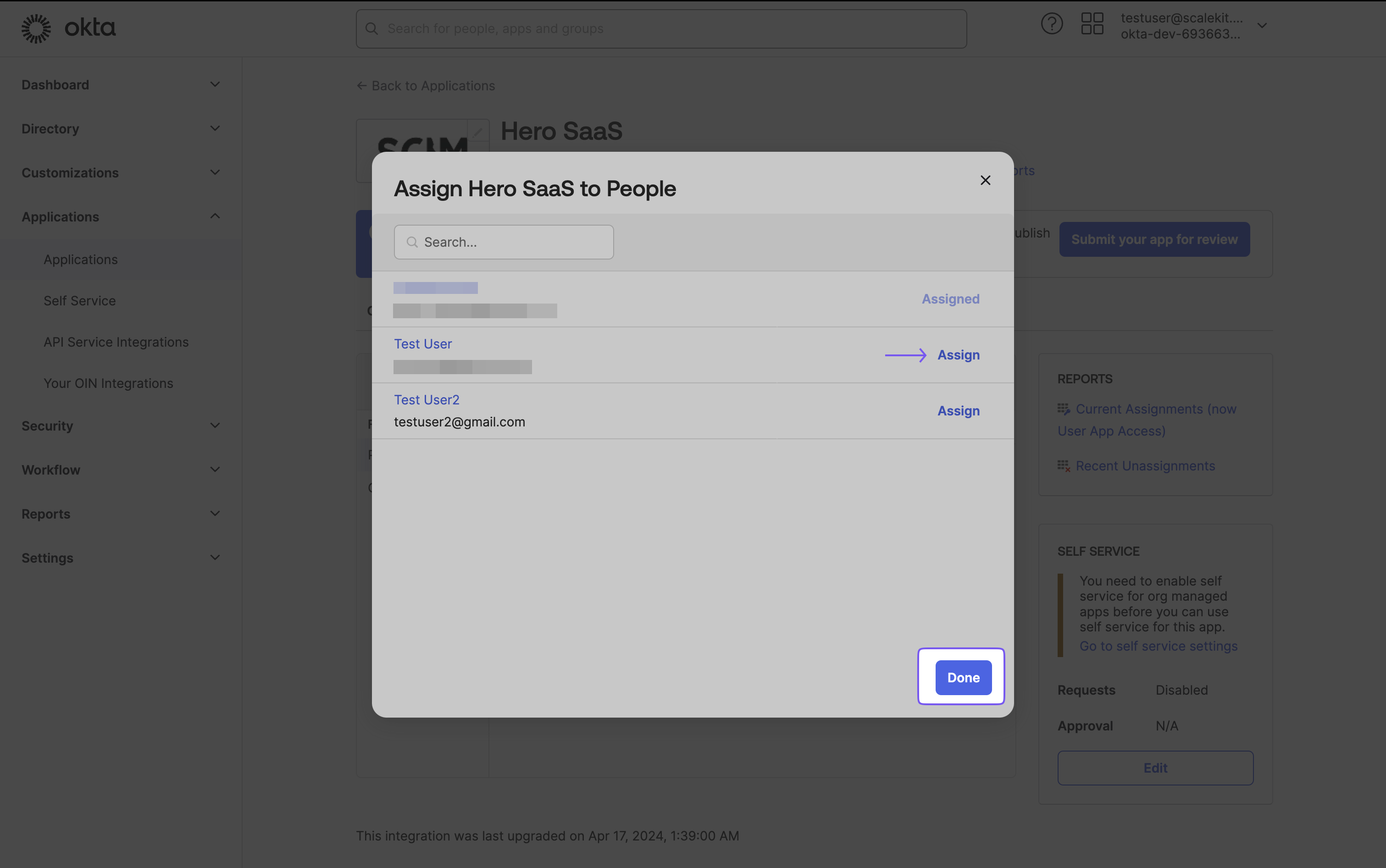 Assigning users to Hero SaaS in Okta: Selecting individuals for access