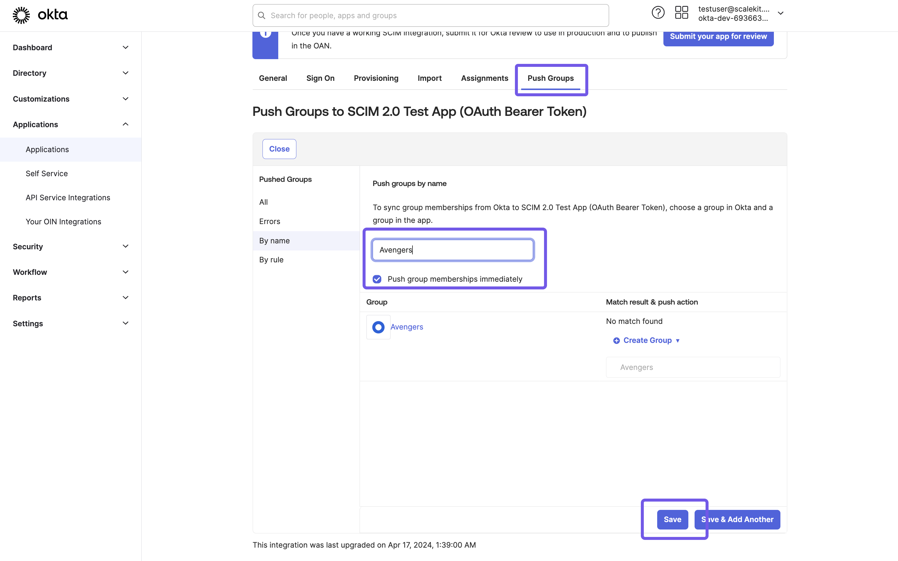 Pushing group memberships to SCIM 2.0 Test App: Configuring the &#39;Avengers&#39; group in Okta