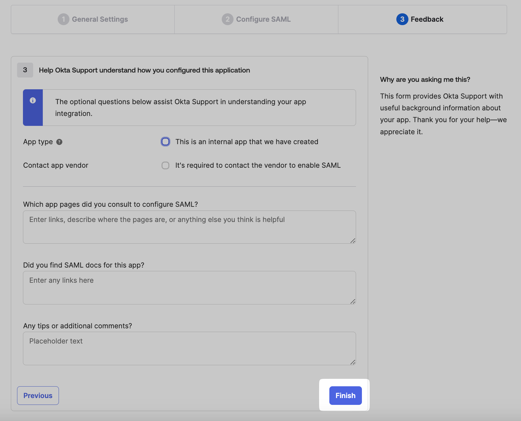 Feedback form after configuring
SAML