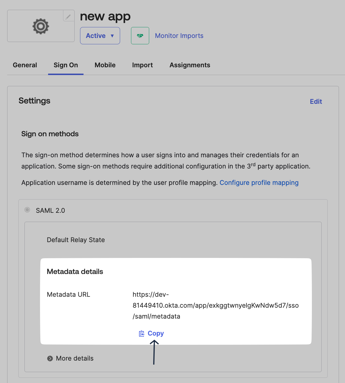 Copy Metadata URL from Okta Admin
Console