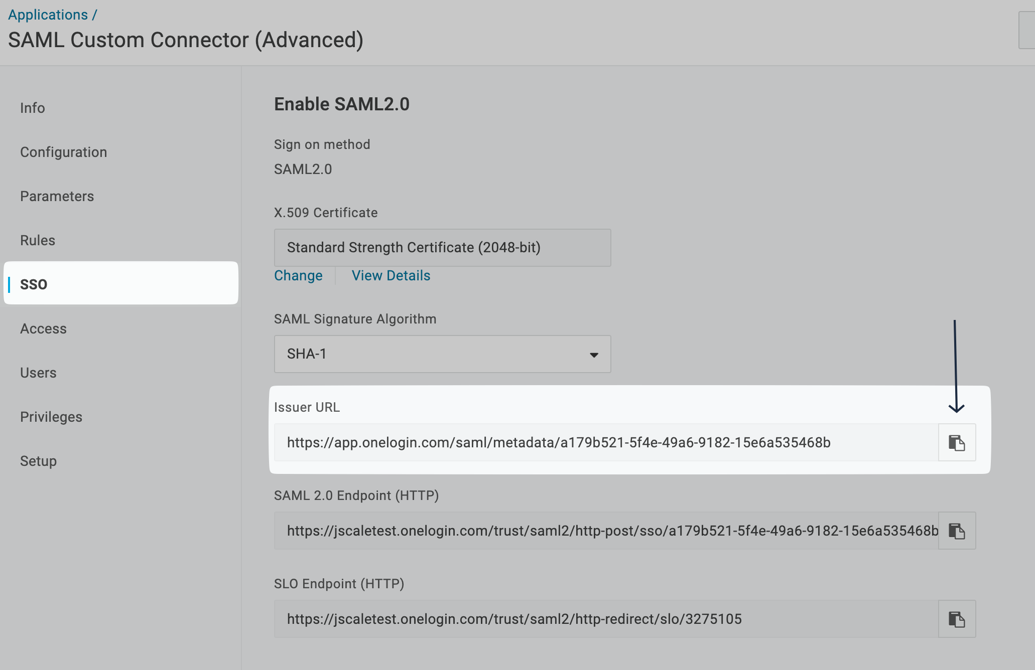 Copy Issuer URL on OneLogin Admin
Portal