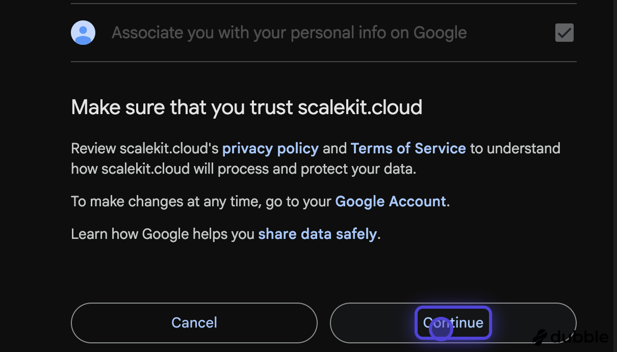 Continue button to grant permissions