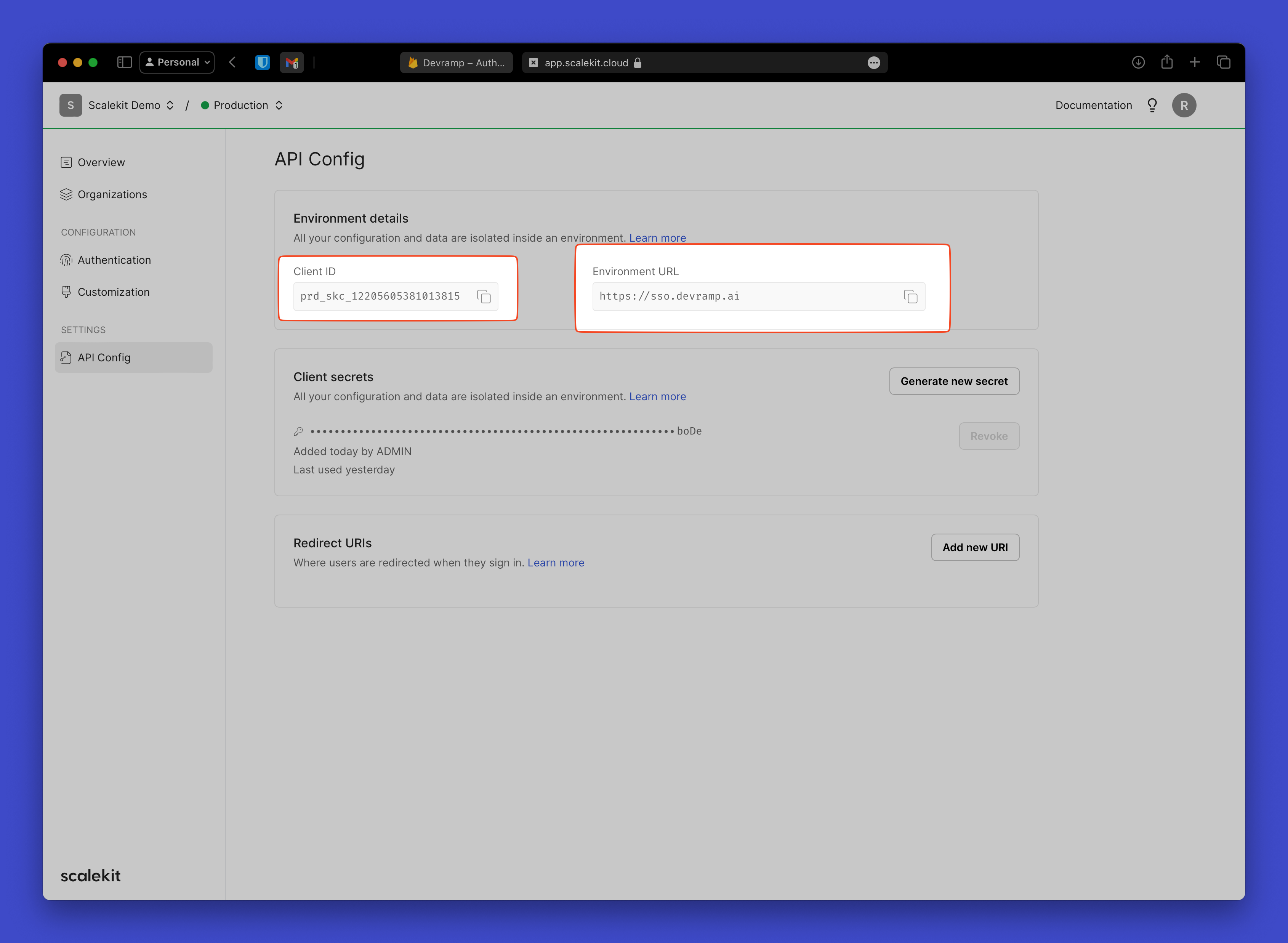 Copy credentials from your Scalekit Dashboard