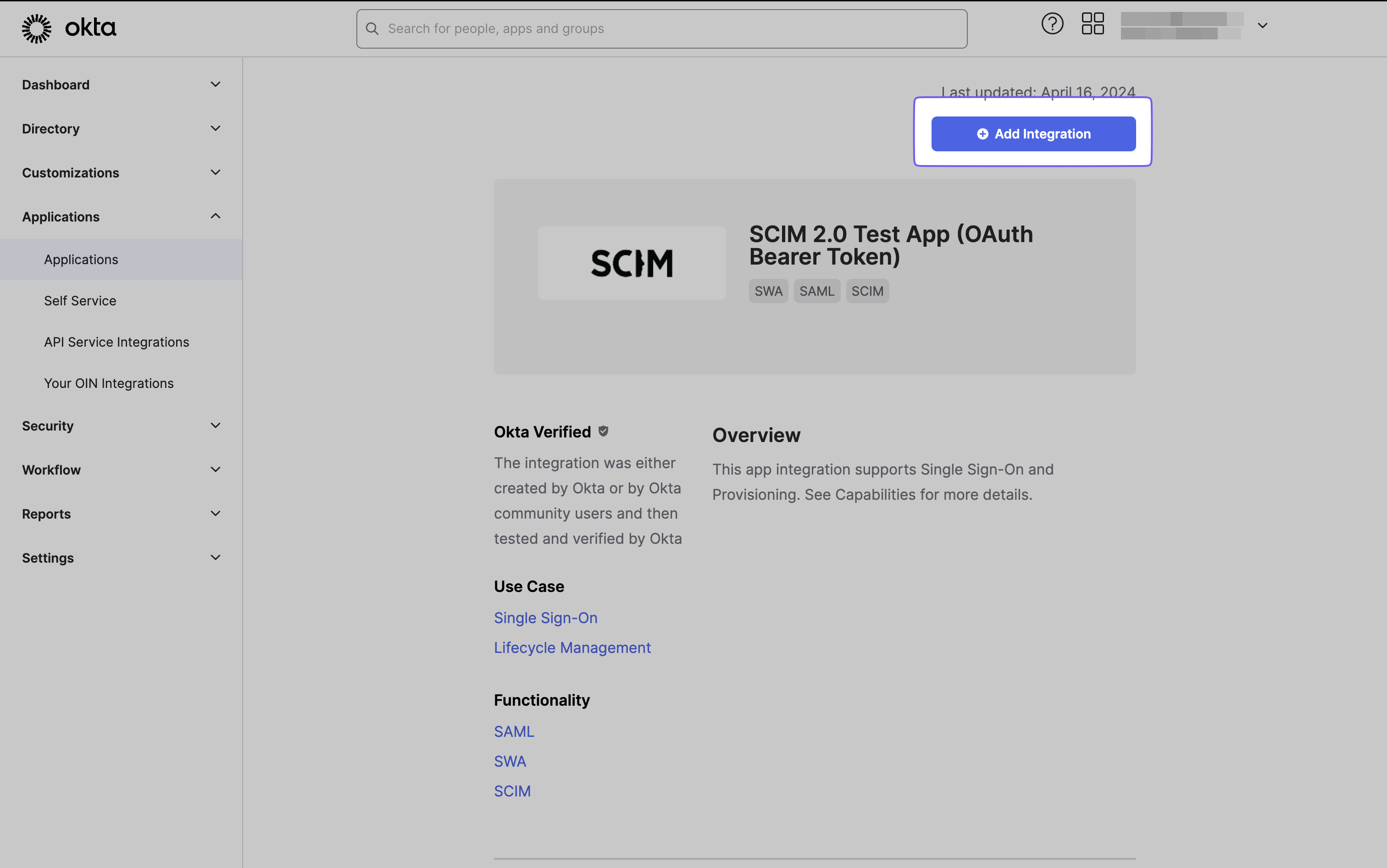 Adding SCIM 2.0 Test App integration in Okta for app being onboarded