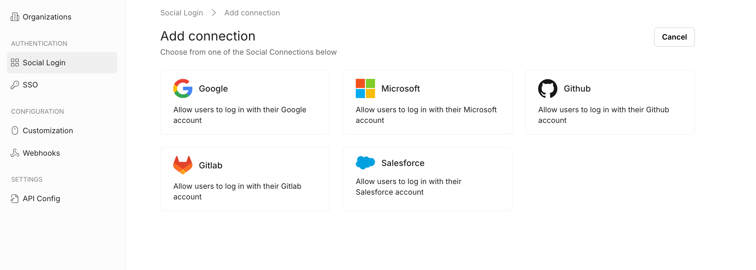 Add social login connections: Google, Microsoft, GitHub, Salesforce,
Salesforce.