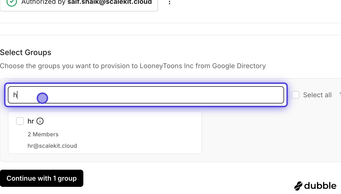 Group selection interface showing available Google Workspace groups