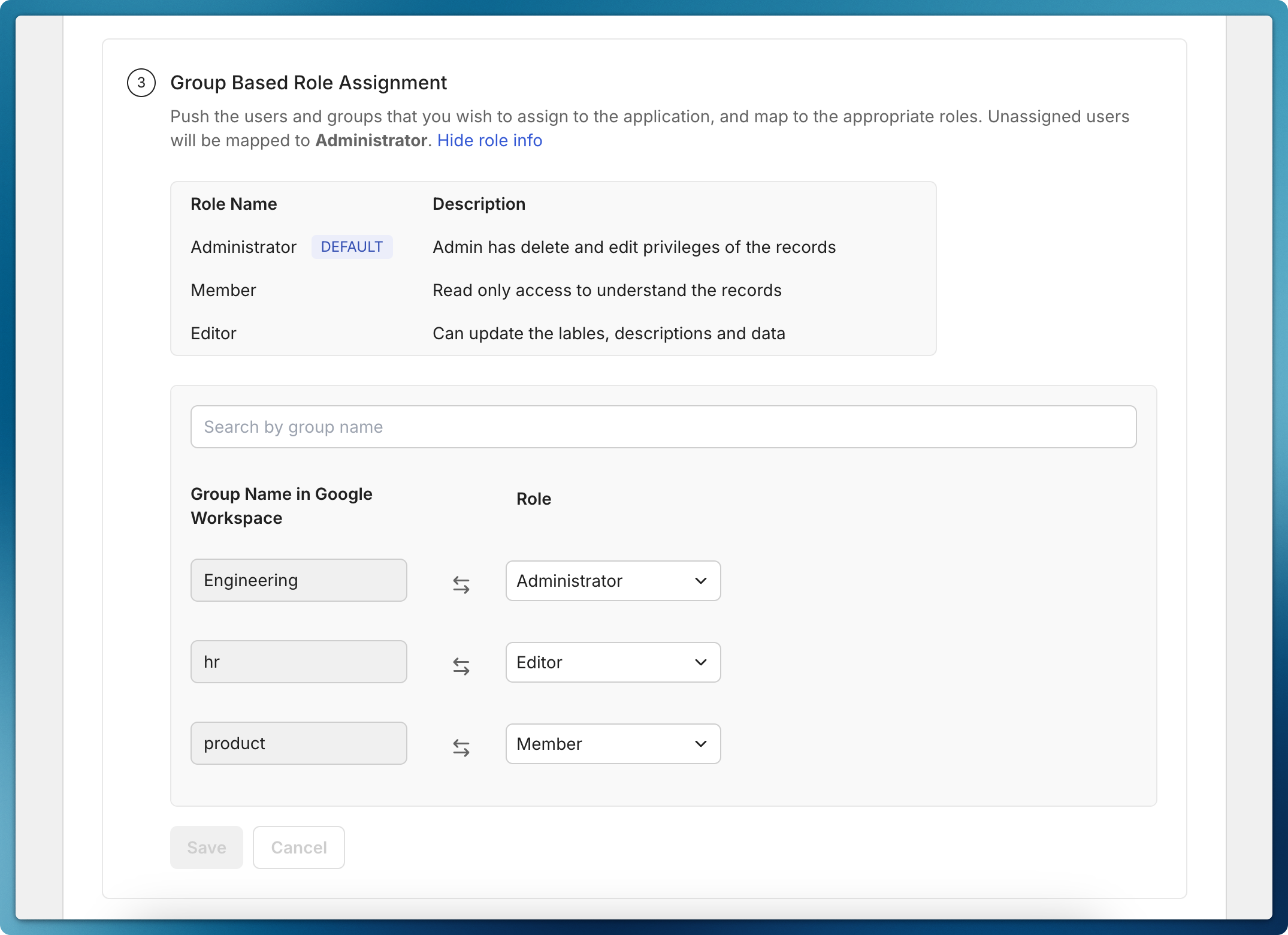 Group selection interface showing available Google Workspace groups