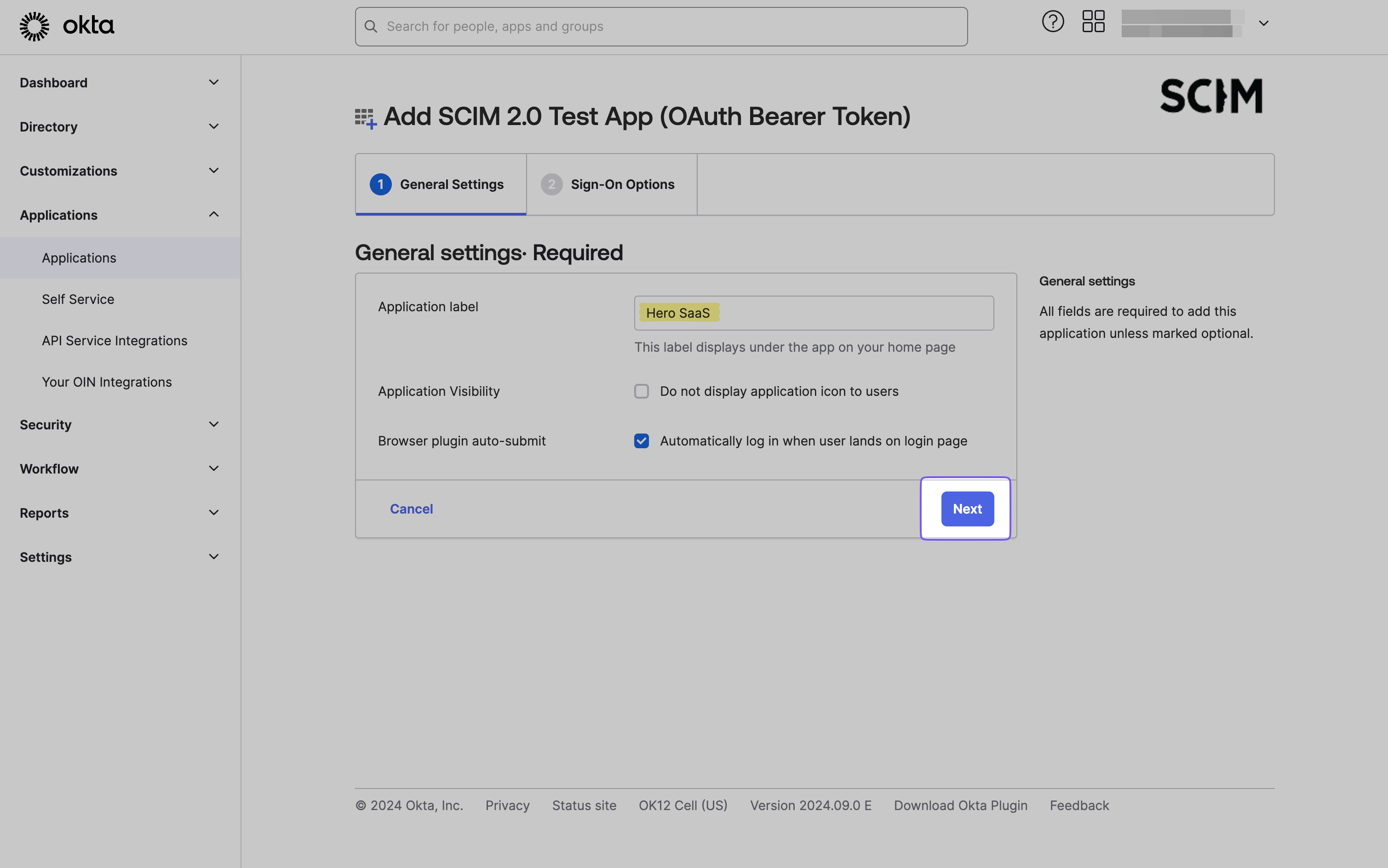 Naming the app &#39;Hero SaaS&#39; during SCIM 2.0 Test App integration in Okta.