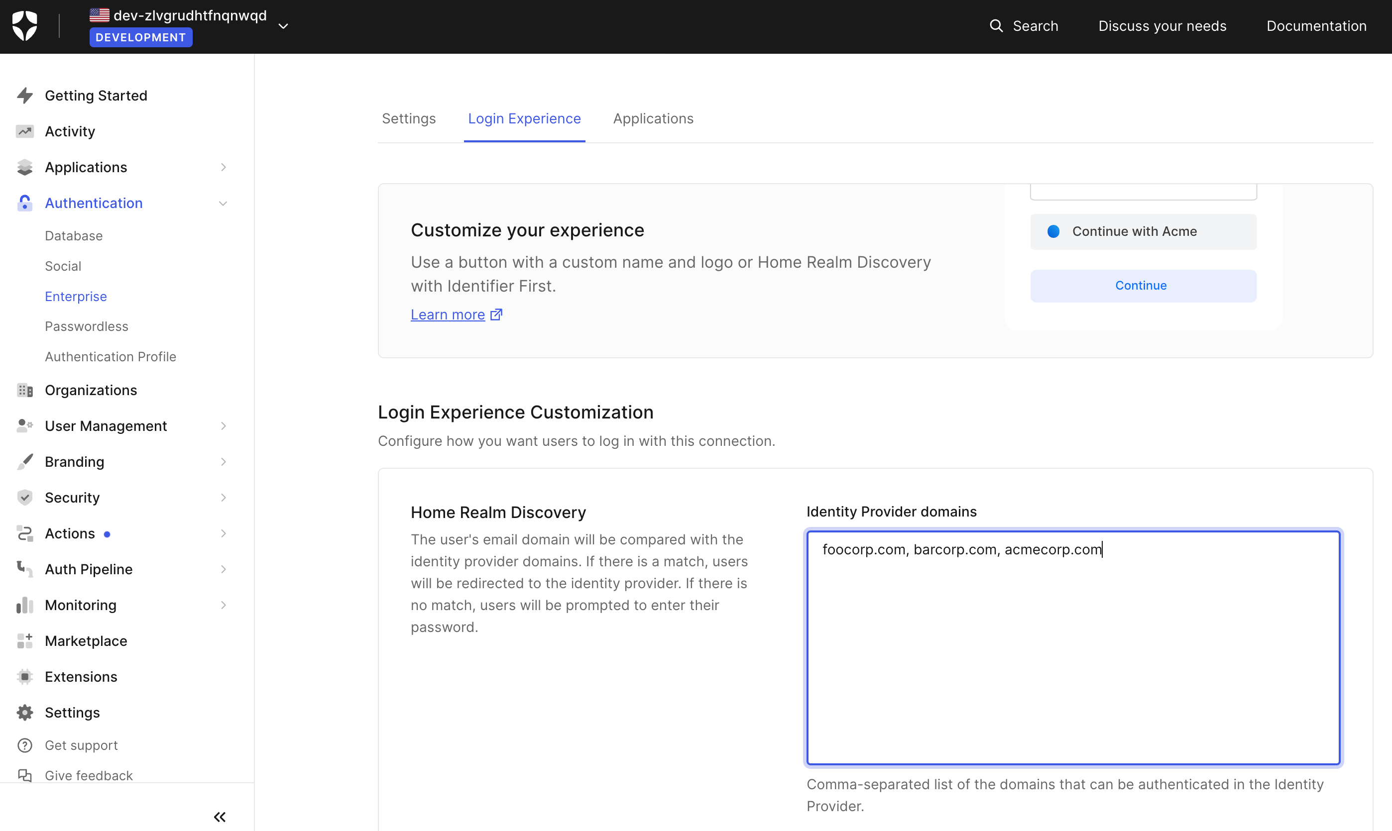 Add domains for Home Realm Discovery in
Auth0