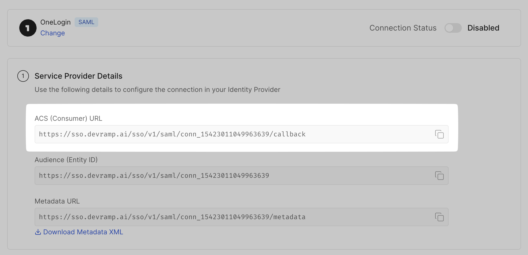 Copy ACS (Consumer) URL on SSO Configuration Portal
