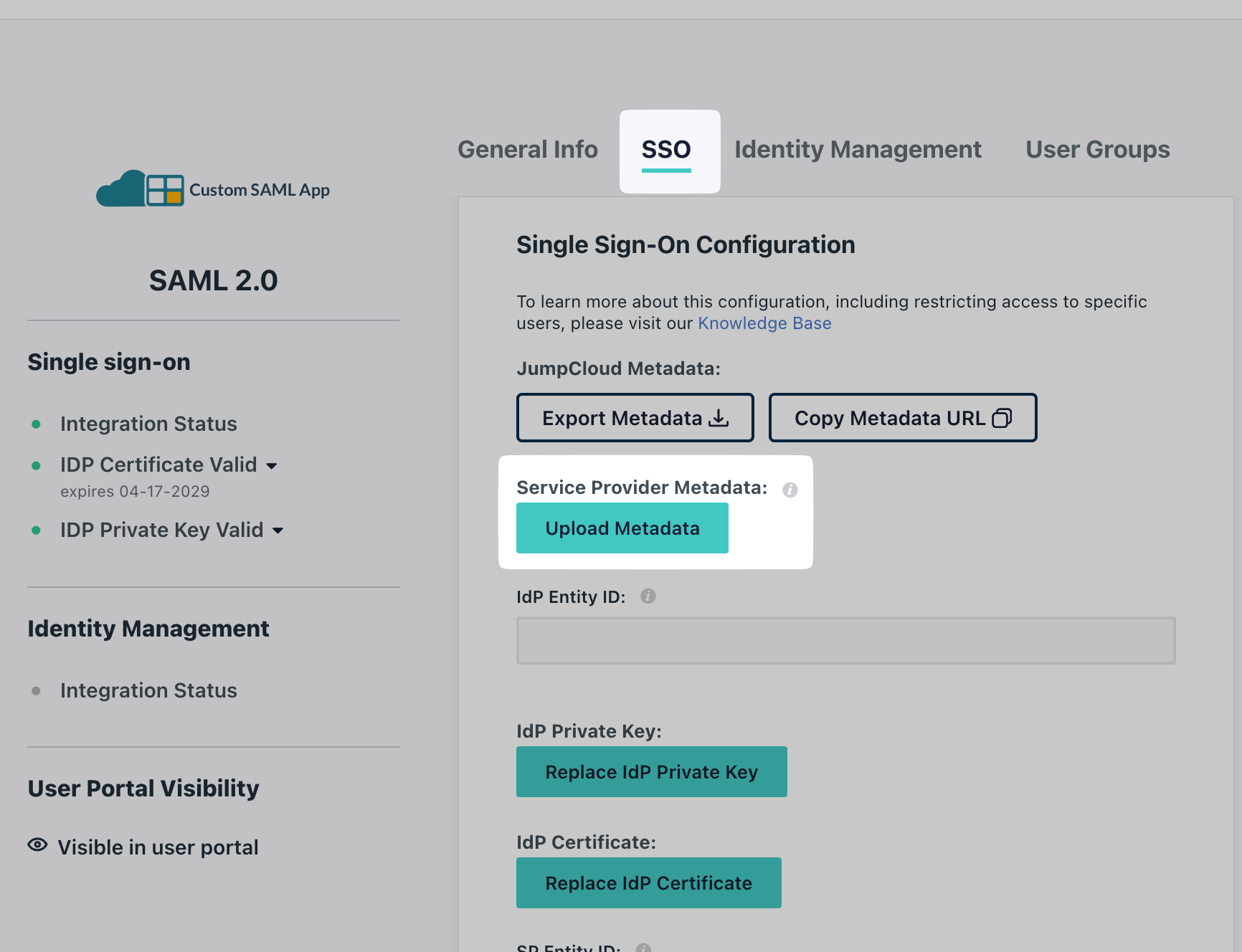 Upload Metadata XML under Service Provider
Metadata