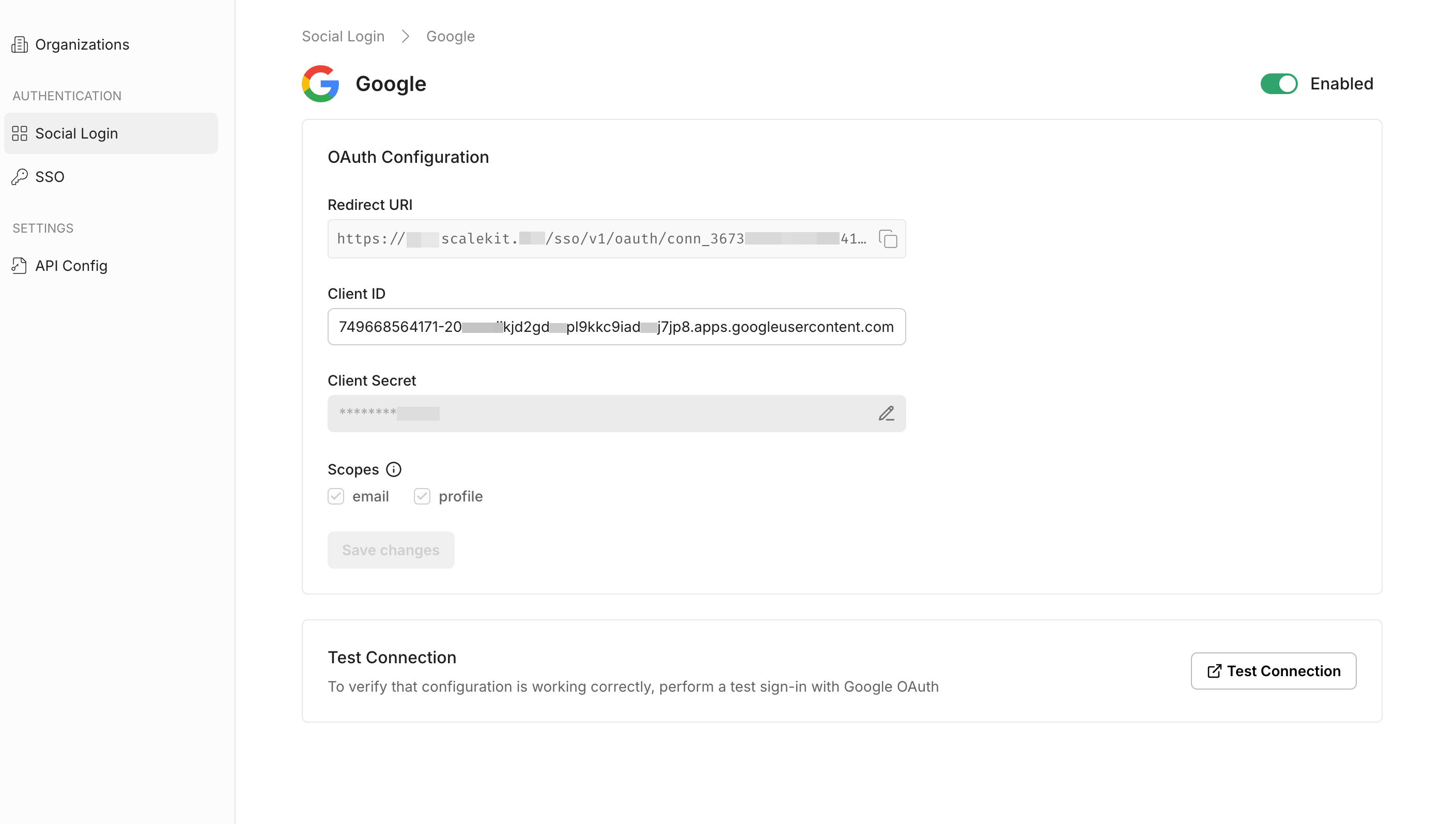 Google OAuth configuration for social login, showing redirect URI, client ID, and scopes for
authentication.