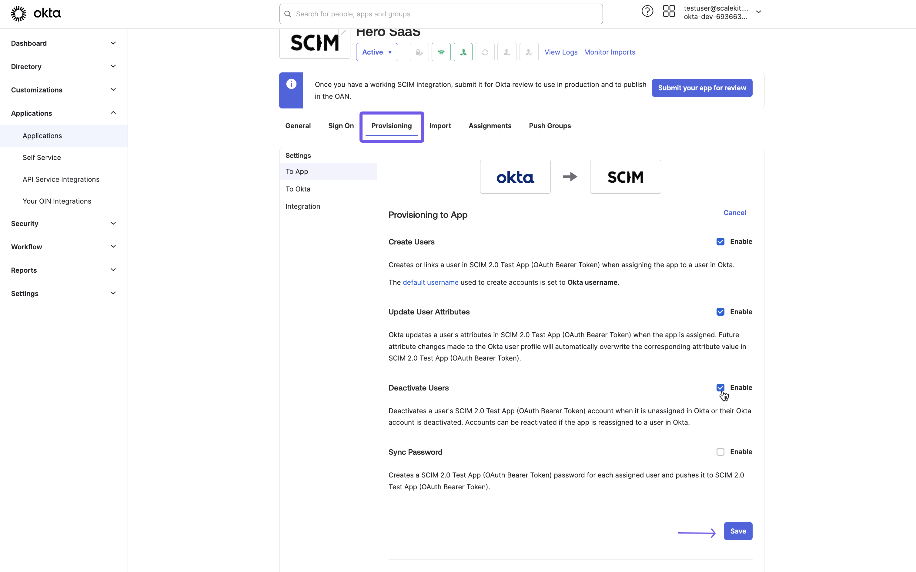 Granting provisioning permissions to Hero SaaS app in Okta SCIM integration