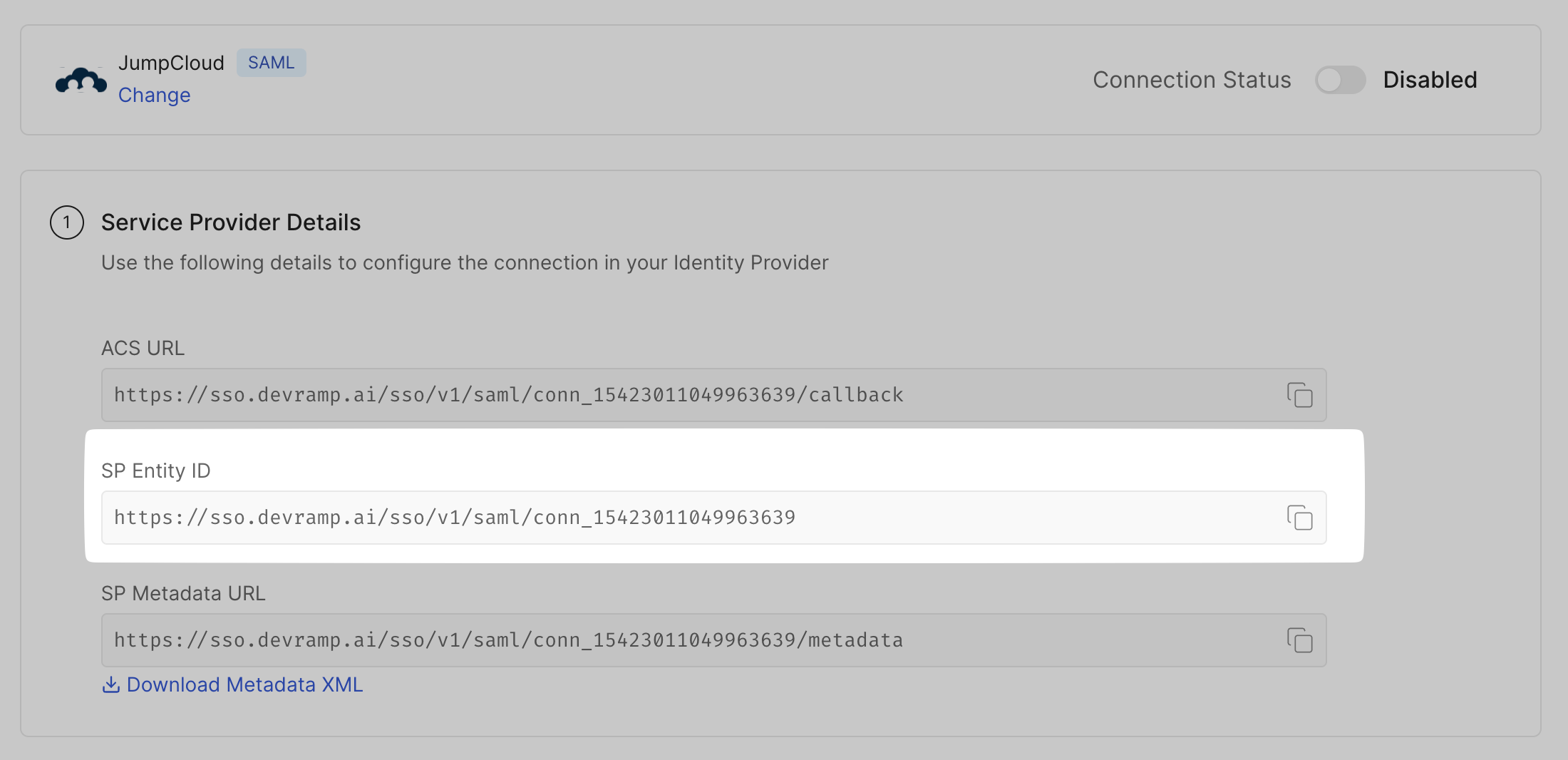 Copy SP Entity ID from your SSO Configuration
Portal