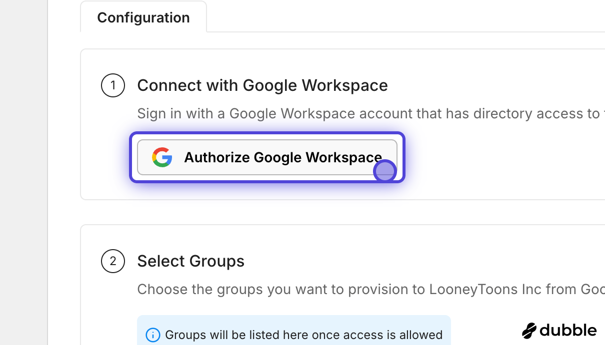 Admin Portal with Authorize Google Workspace button