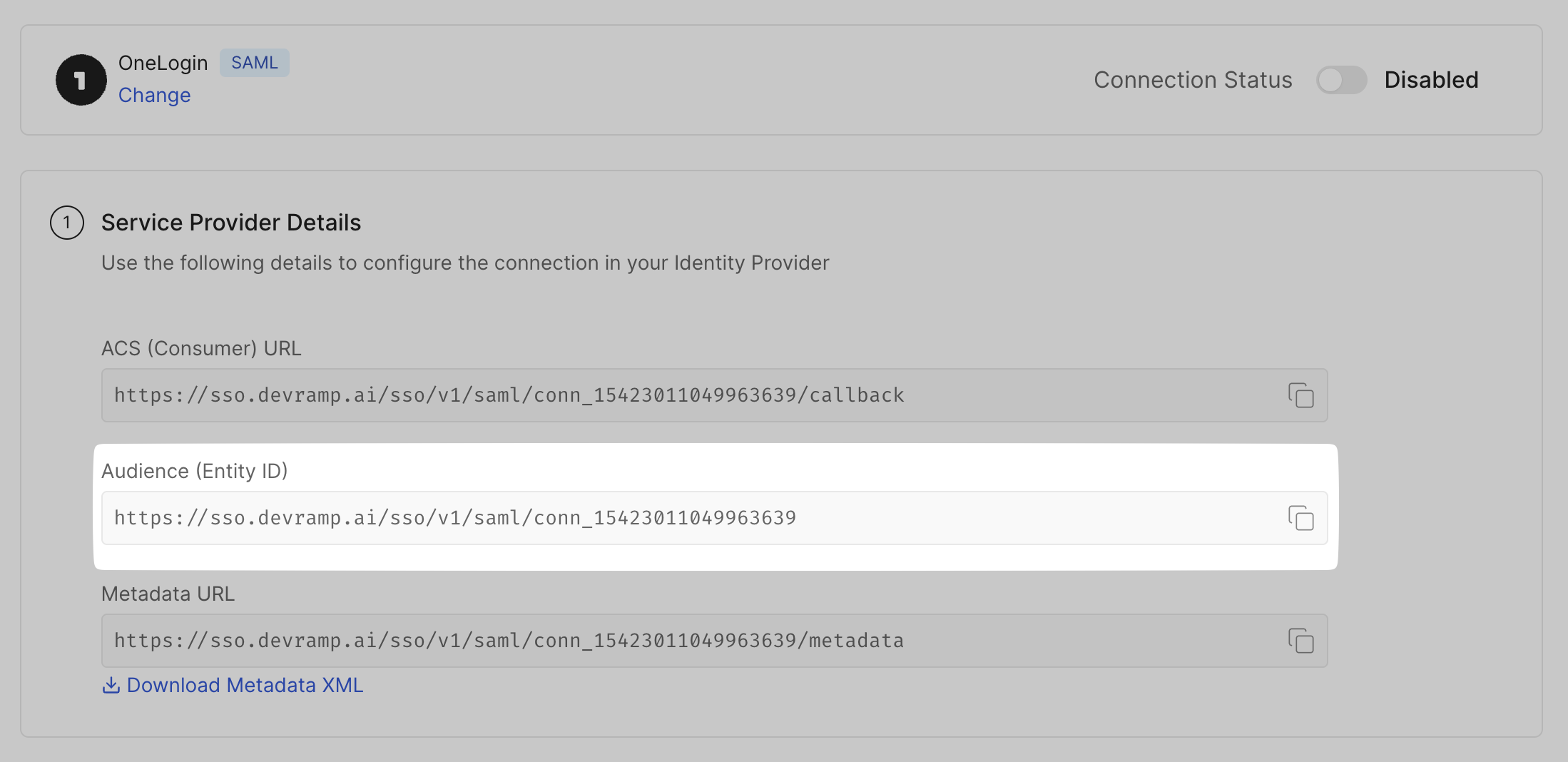 Copy Audience (Entity ID) on SSO Configuration
Portal