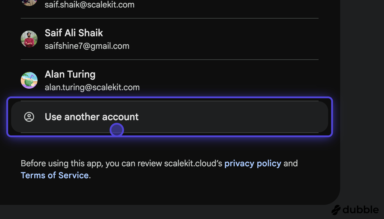 Google sign-in screen showing option to use another account