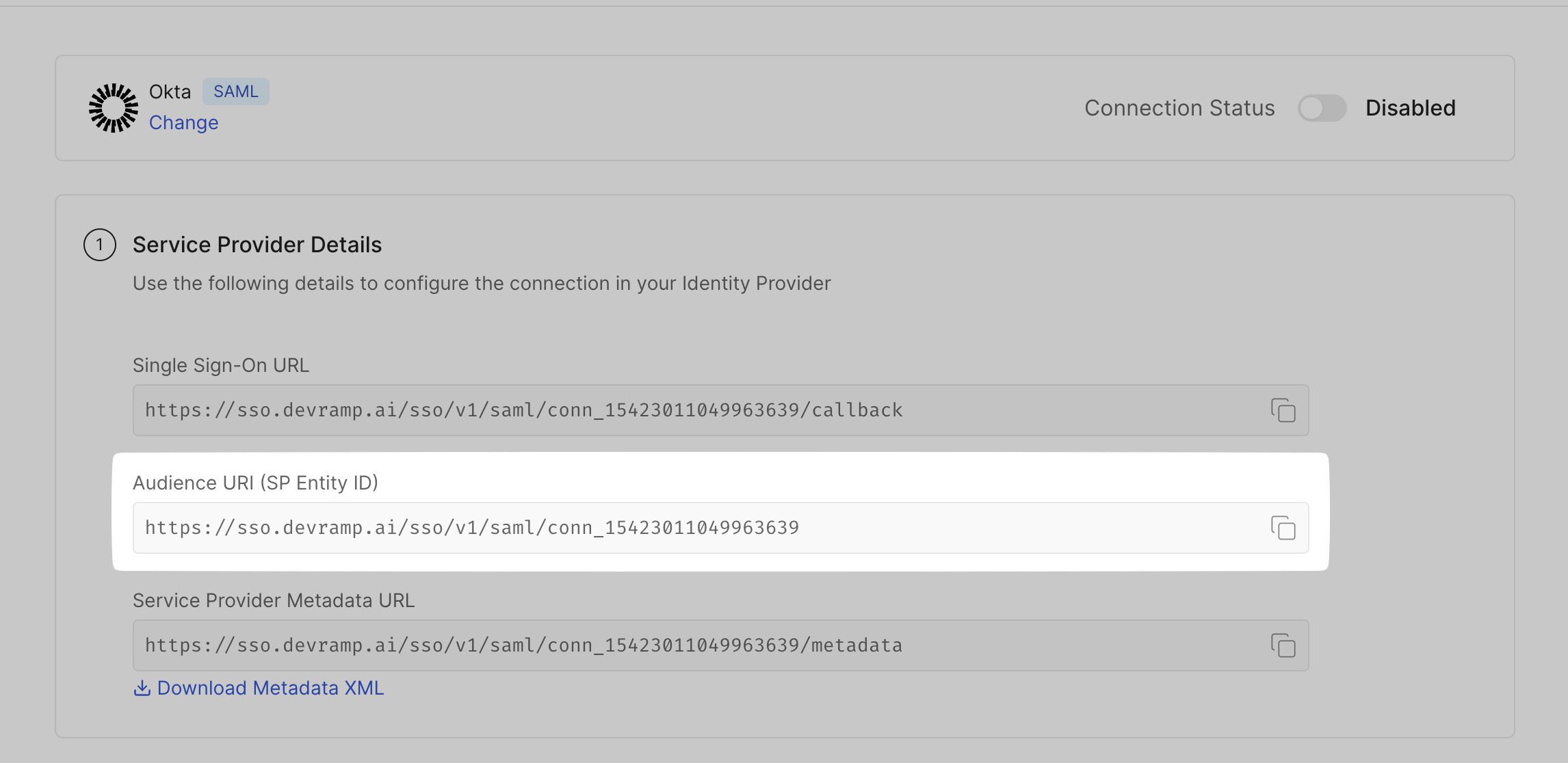 Copy Audience URI on SSO Configuration
Portal