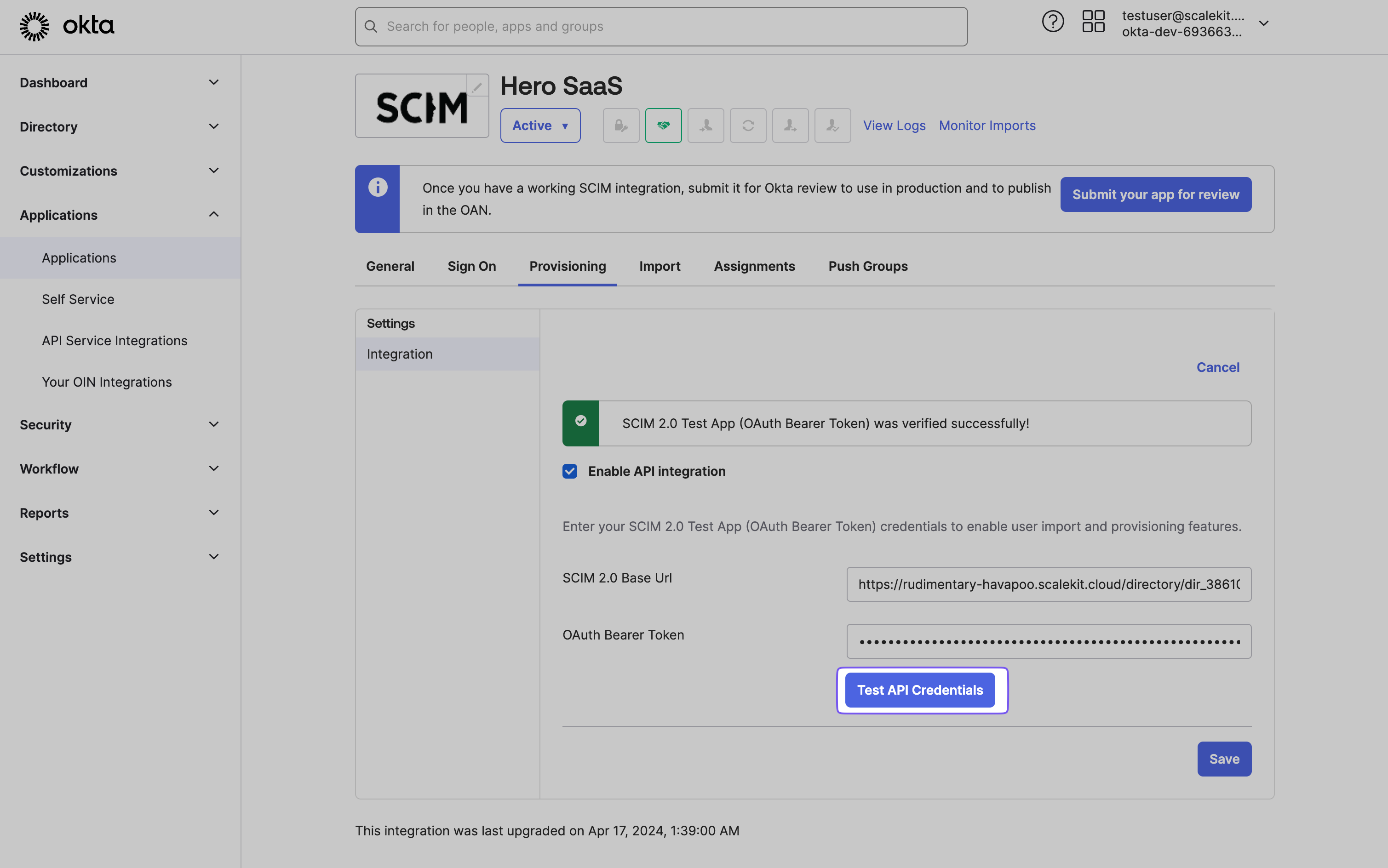 Verifying SCIM credentials for Hero SaaS integration in Okta