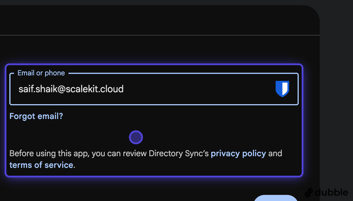Google sign-in form for entering administrator email